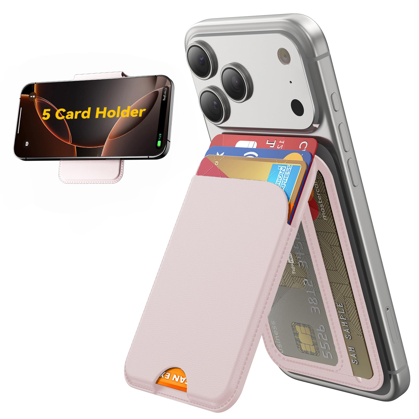 TWZKG for MagSafe Wallet, 5 Card Holder with Stand, Magnetic Phone Wallet Stand for iPhone 17/16/15/14/13/12 Pro Max Air Plus Series, RFID Blocking Vegan Leather,Pink