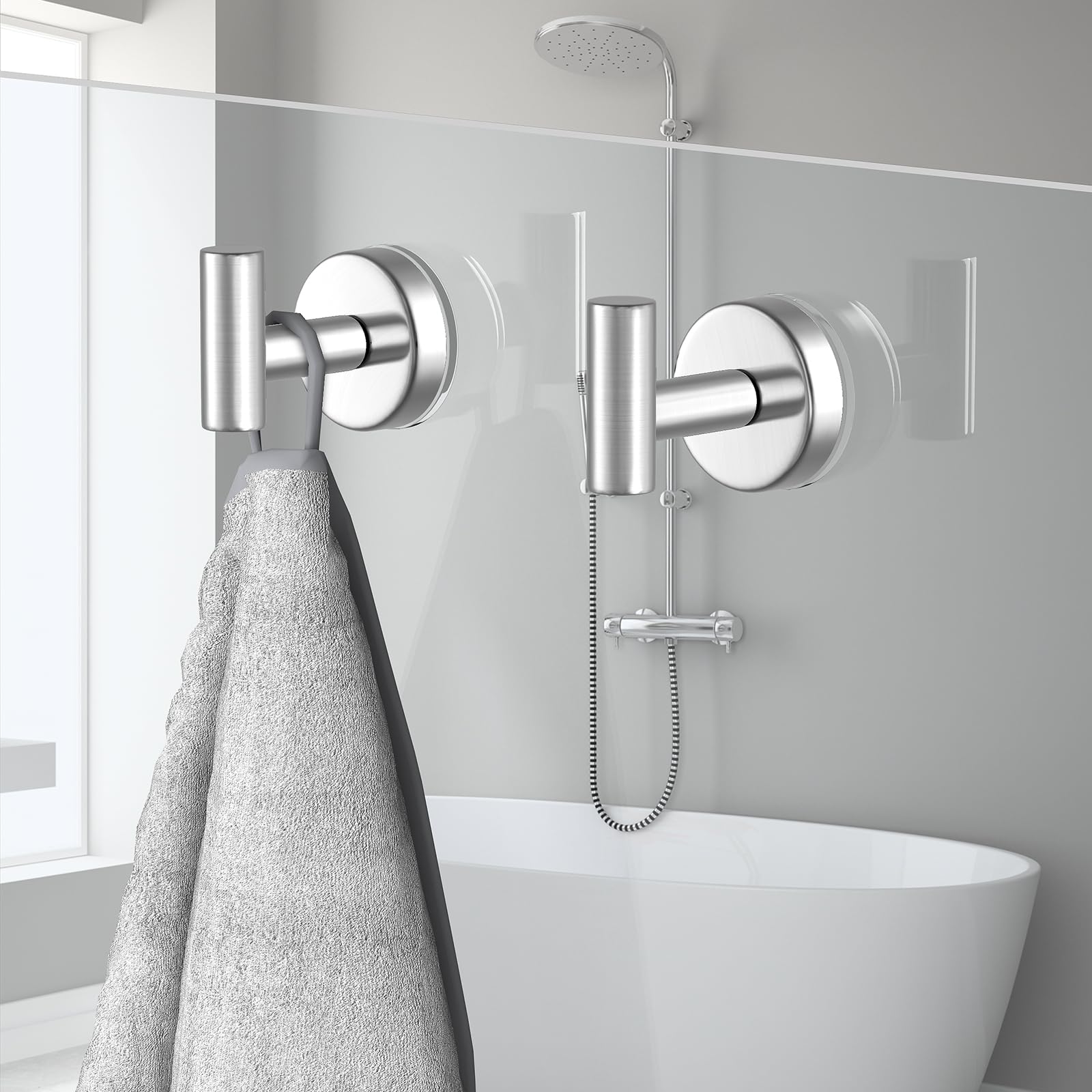 PMMASTO Ganchos con ventosa para ducha, ganchos de baño de acero inoxidable para colgar toallas, lufa, abrigos, albornoz, baño, cocina, puerta de cristal, espejo, azulejos (forma de T plateada,