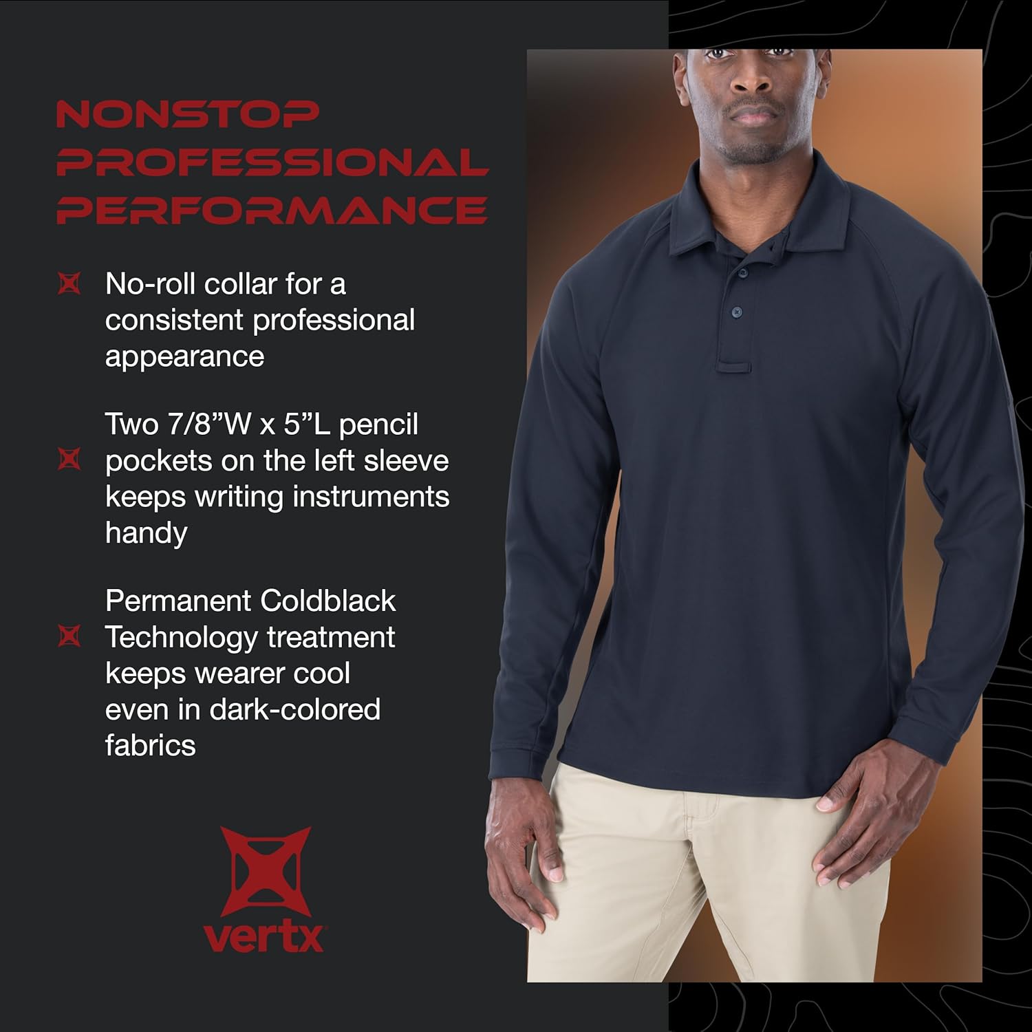 Vertx Mens Tactical Polo Shirt, Long Sleeve T-Shirt, Breathable, Tactical Clothing Gear, Police, Security, Relaxed Fit - Image 4