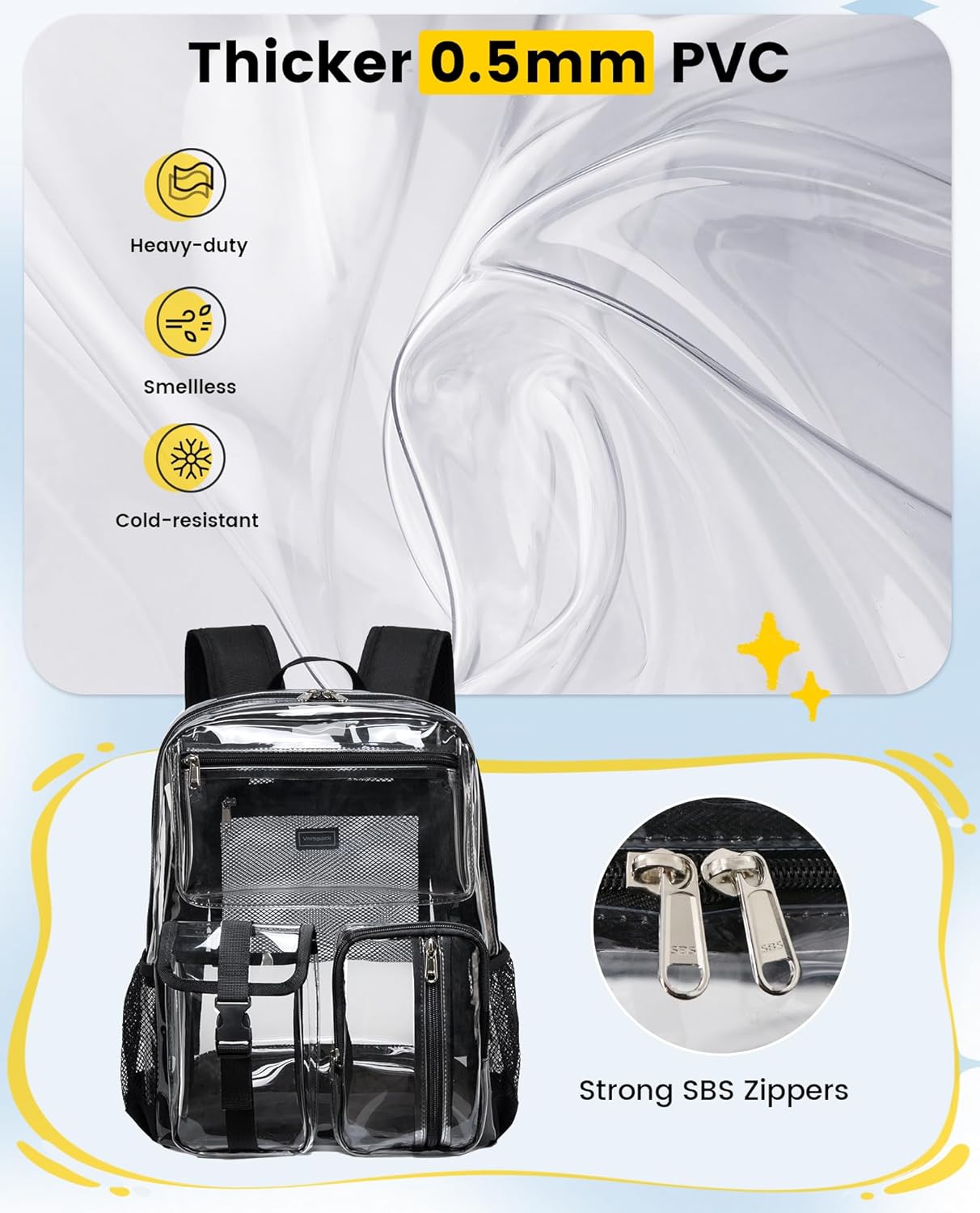 Vorspack Heavy Duty Clear Backpack - Multi-pockets Clear Bookbag for Girls, Boys, Transparent See Through Backpack for School, College, Work, Festival - Black