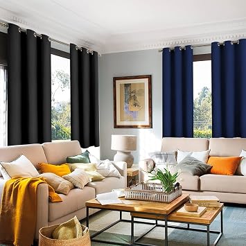 YoungsTex Grommet Black Blackout Curtains Bundle Navy Blackout Curtains in 63 inch Length