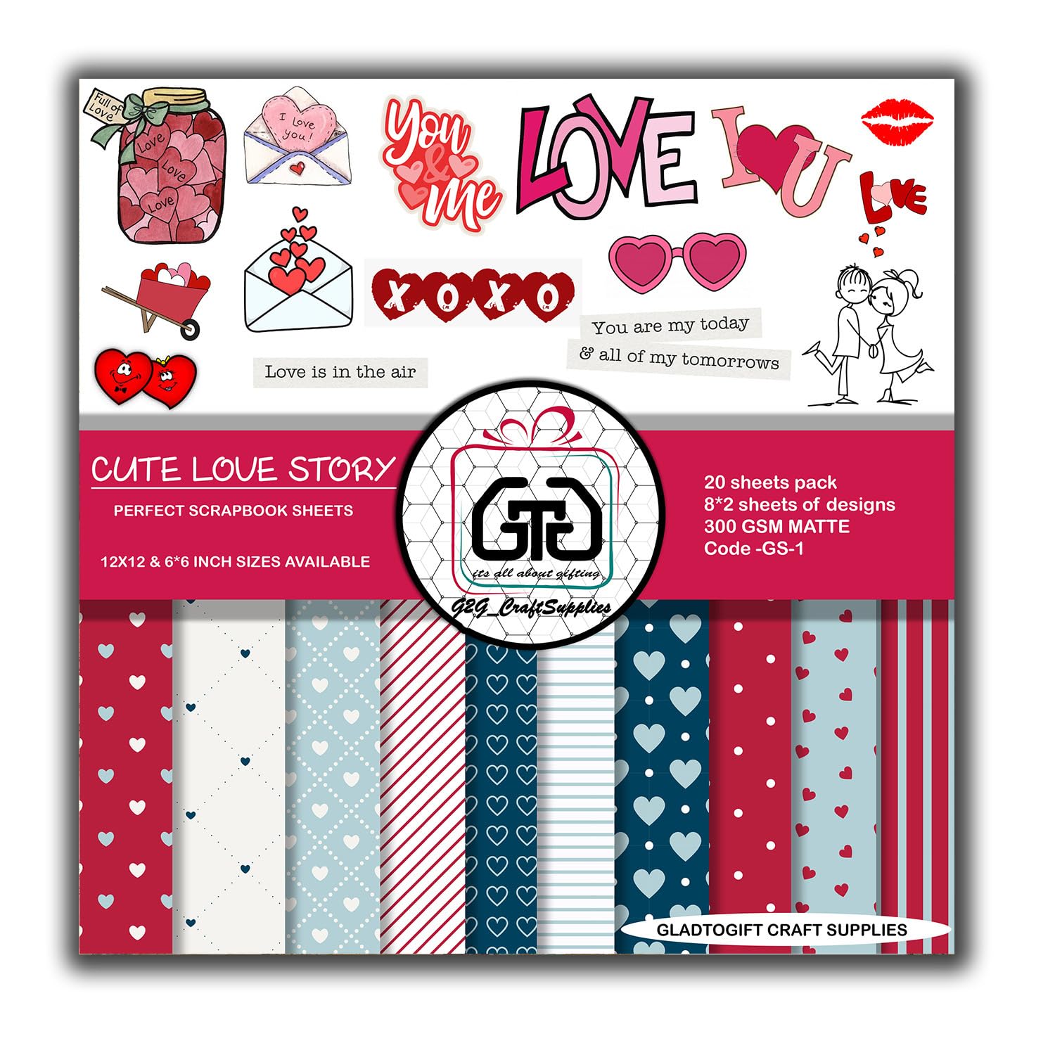 g2g a4 cute love story scrapbook paper pack – 300 gsm printed craft sheets for scrapbooking, card making, wrapping, journals & diy art (pack of 20) | decorative pattern paper for crafts