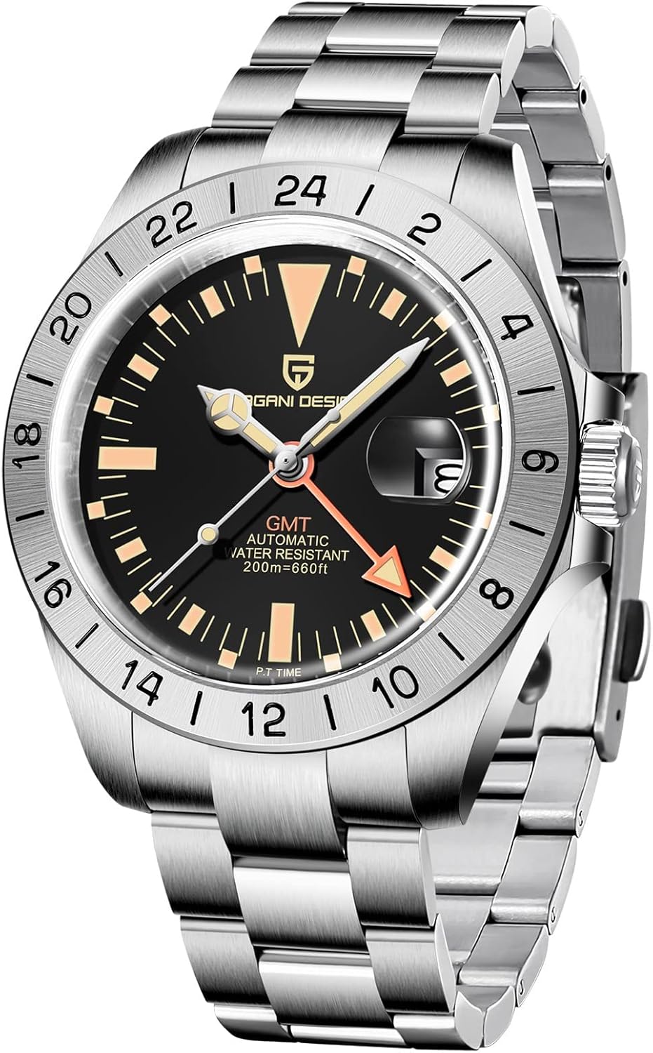 PAGRNE DESIGN 1693A GMT Automatic Watch with black dial and stainless steel bracelet