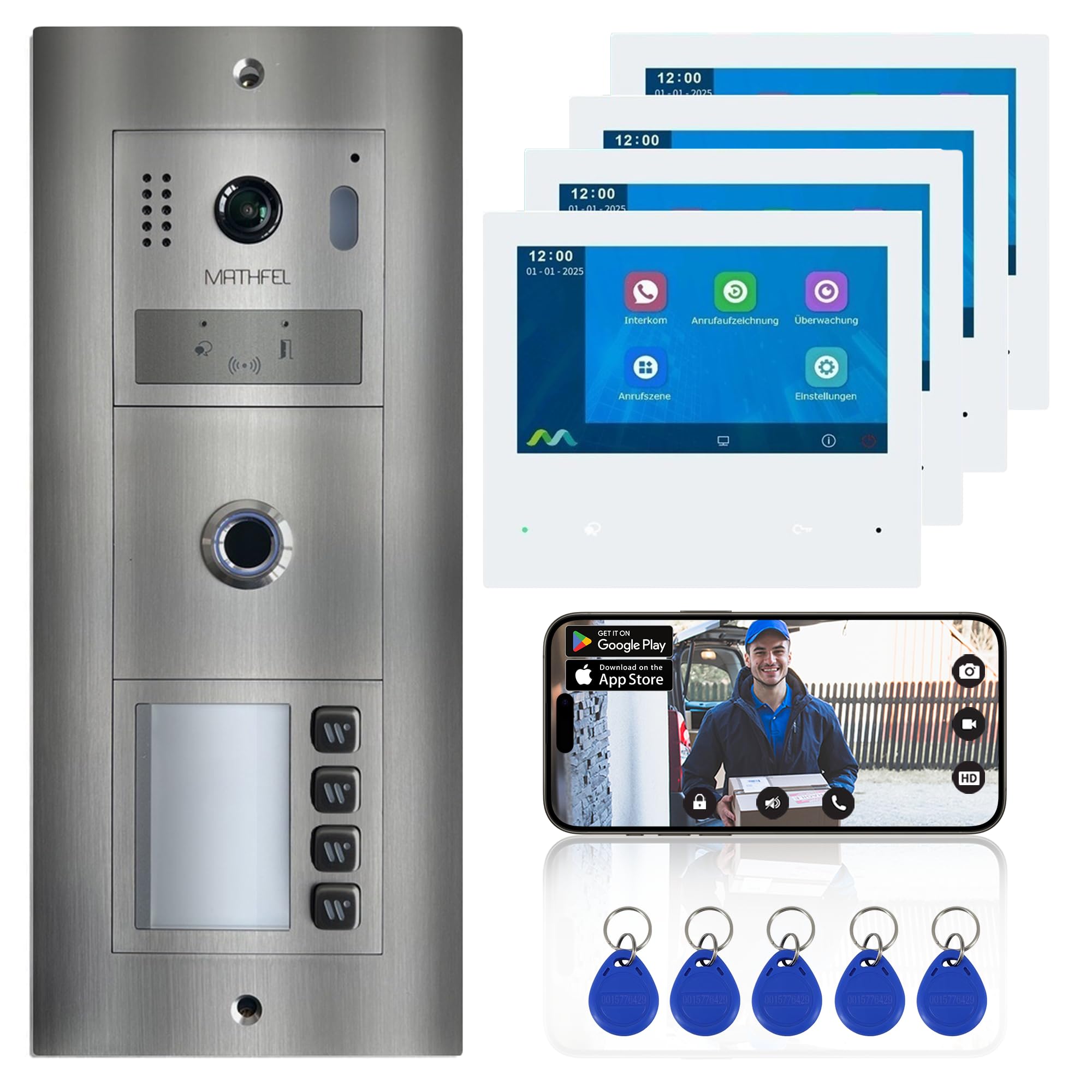 MATHFEL 2 Draht Bus Technik 4 Familienhaus Video Türsprechanlage Gegensprechanlage Fischaugenkamera 170 Grad, 4x7'' Monitor mit WLAN