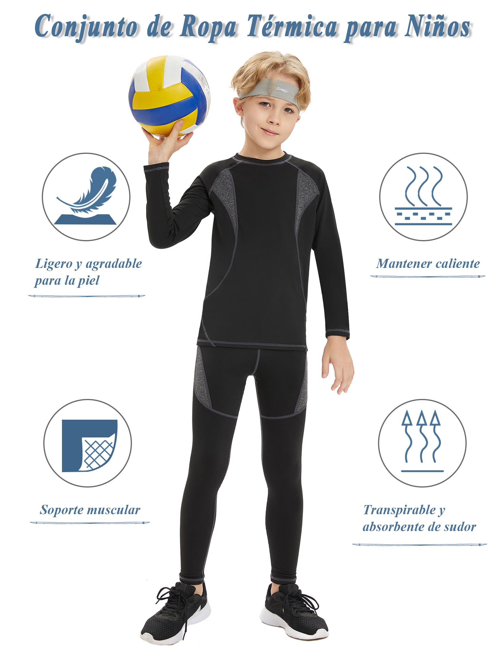 Terecey Ropa Interior Térmica para Niños Deportes Conjunto Térmico Manga Larga para Niños y Niñas Camiseta y Pantalon Térmica para Running Esquí Ciclismo