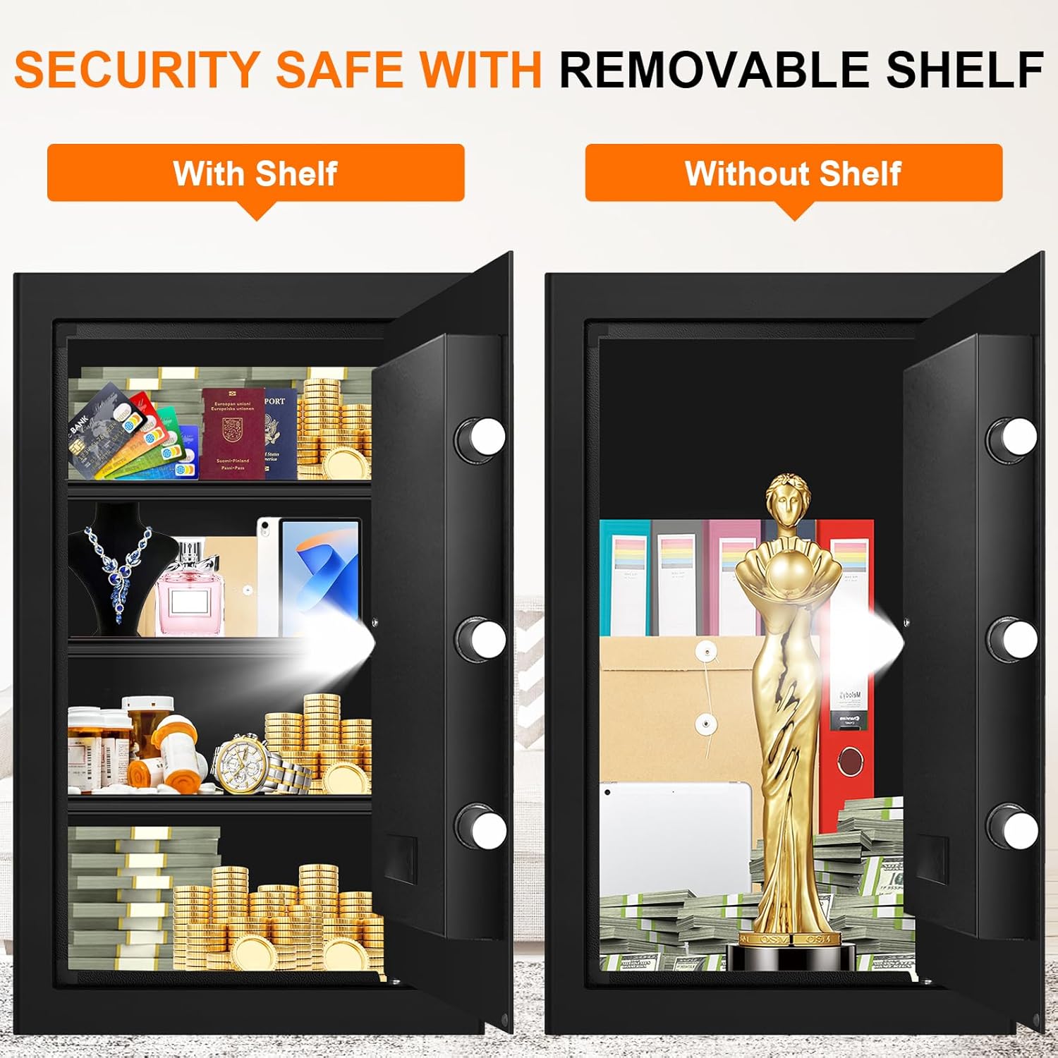 5.2 Cuft Large Fire and Waterproof Safe Home, Digital Safe Box Fireproof Waterproof with Spare Keys, Alarm System and 3 Removable Shelves, Home Safes Document Box with Combination Lock for Valuables