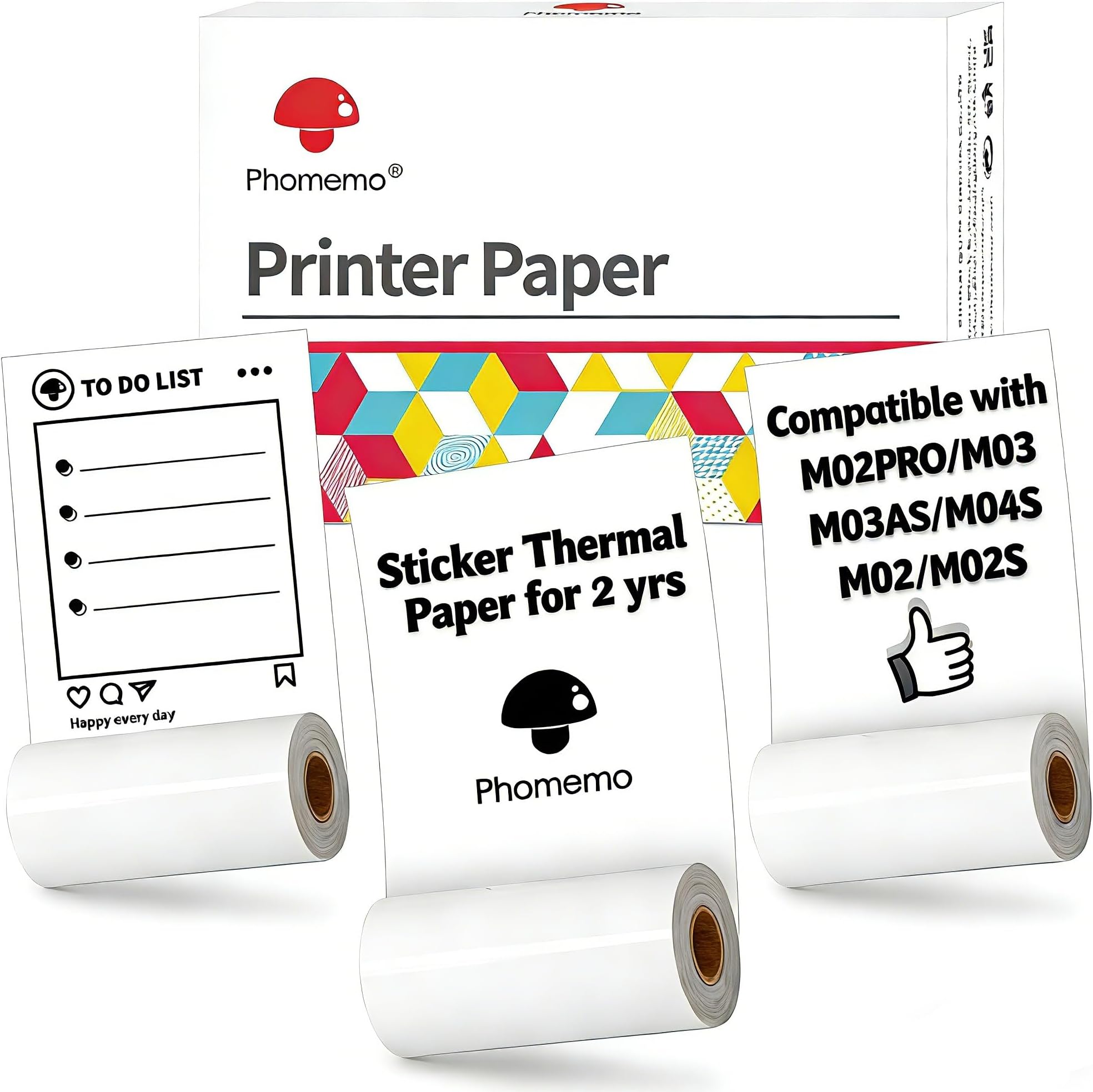 Phomemo M02/T02 Sticker Printer Paper White Self-Adhesive Thermal Labels for M02/M02S/M04S/M04AS Pocket Bluetooth Thermal Printer, 50mm x 3.5m, 3 Rolls