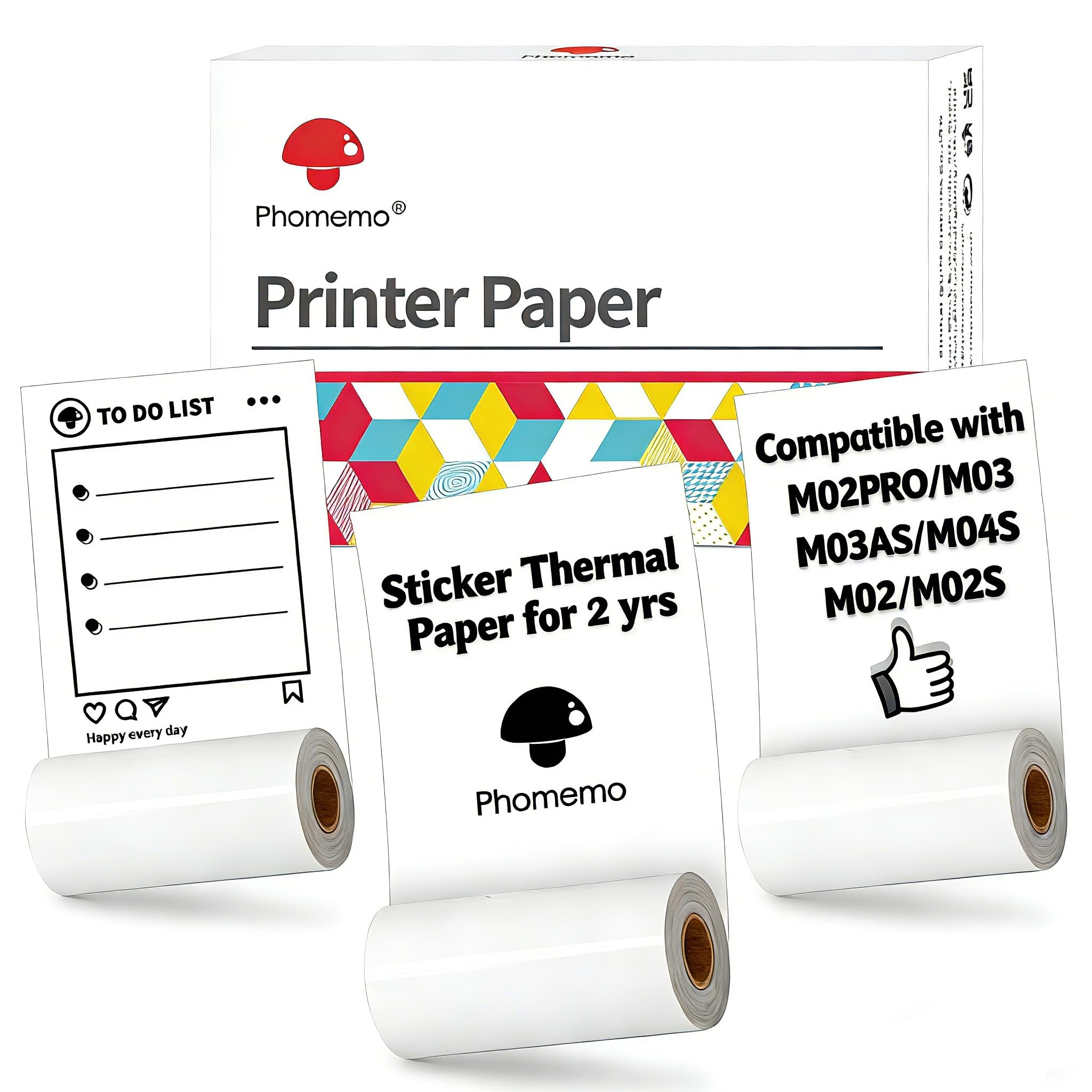 Phomemo M02 Printer Paper White Self-Adhesive Thermal Labels, for M02/M02S/M04S/M04AS Pocket Bluetooth Thermal Printer, M832 M833 M834 Portable Printer, 50mm x 3.5m, 3 Rolls