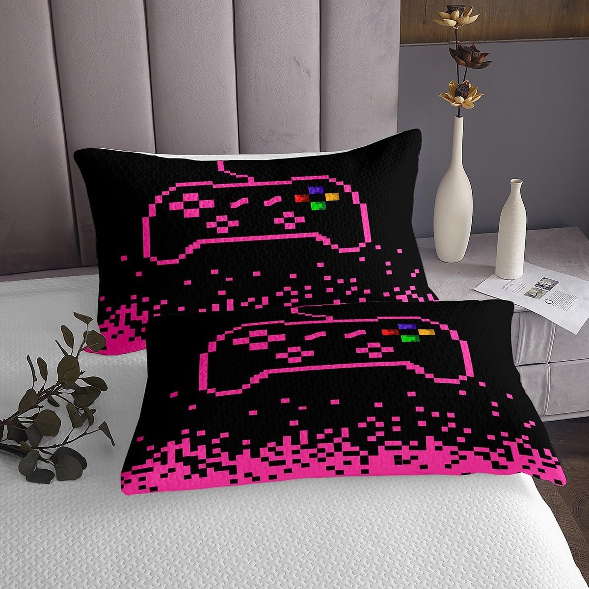 Castle Fairy Gamepad Bedspread Twin Size,Pixel Miners Games Bedding Sets 2Pcs for Kids Girls Boys Room Decor,Pink Plaid Patchwork Comforter Set Modern Fashion Quilt Coverlet,1 Pillowcase