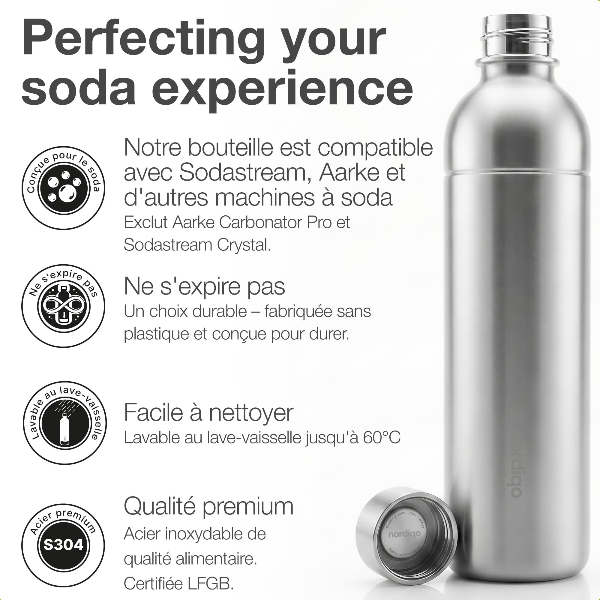 Bouteille Inox 1L | Compatible avec Aarke Carbonator 3, SodaStream Duo & Bouteilles Plastique | Pas pour Crystal & Jet | Sans date d'expiration | Sans plastique | 2x Inox