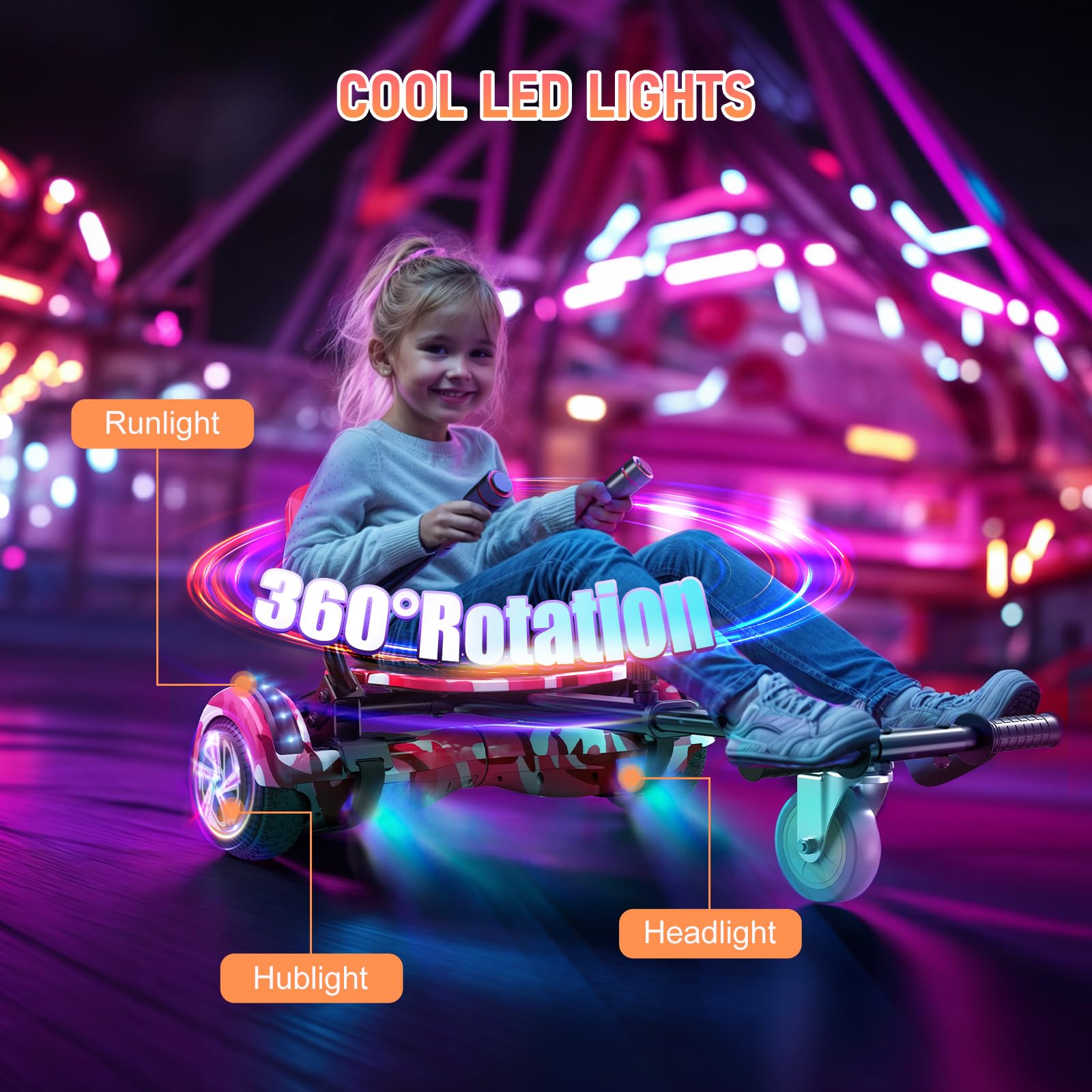 SISIGAD Hoverboard con Kart, Go Kart 6,5 pollici, Hoverboard All Terreno Auto-bilanciato con Altoparlanti Bluetooth e Luci LED, Regalo per Bambini, Rosa Camouflage