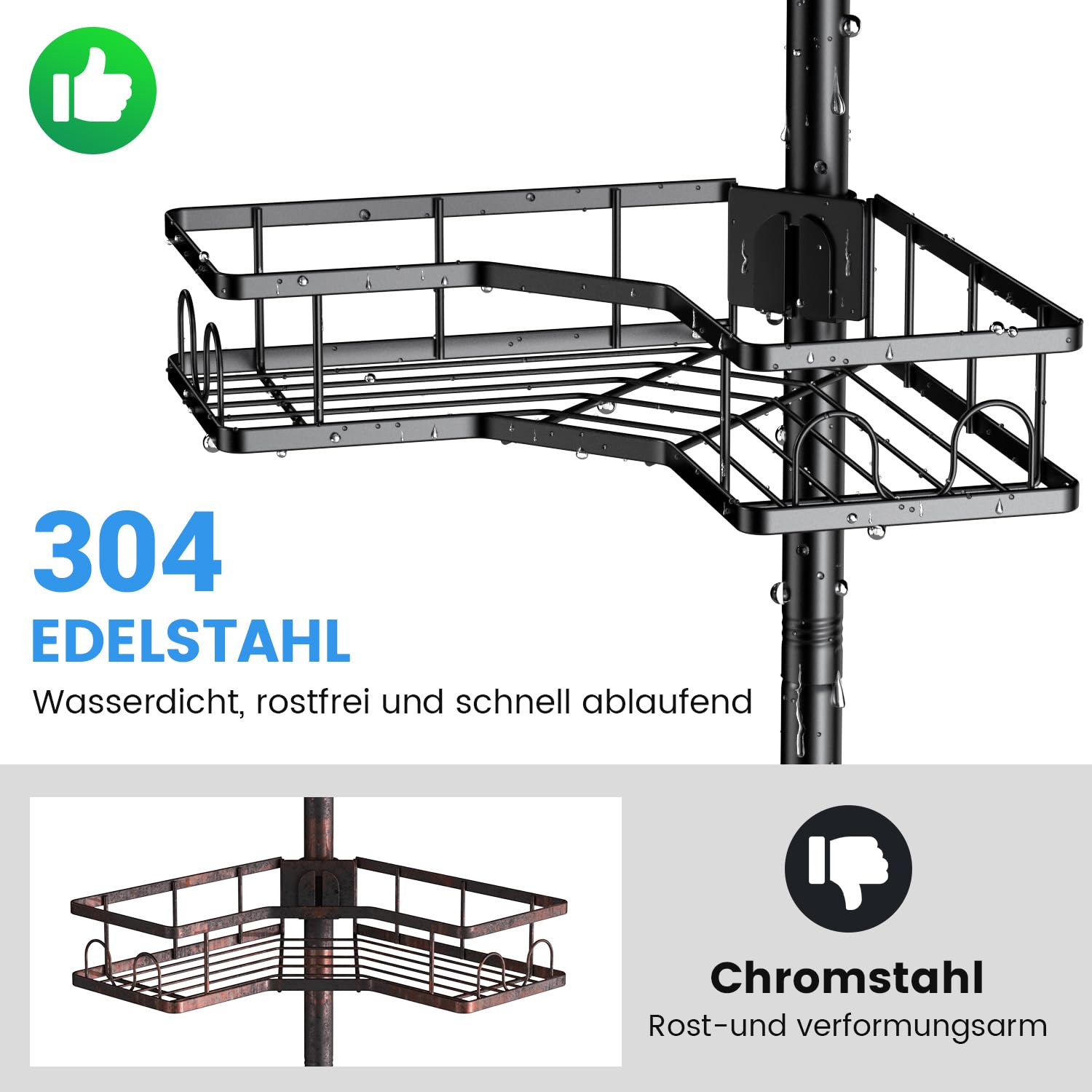 FINIBO Teleskop Duschregal Ohne Bohren, Teleskopregal Bad Duschablage mit 4 Dusche Eckregal, 43.5-120 inch Adjustable Teleskop Badregal Teleskope Regal Badezimmer für Bad Dusche Schwarz