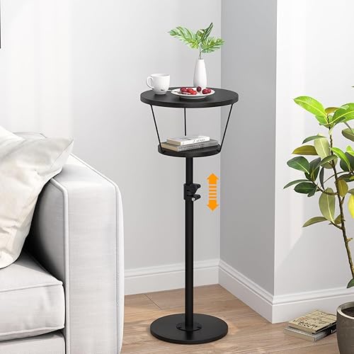 Miniatura 1 de Mesa auxiliar pequeña, mesa de bebida de 2 niveles, mesa auxiliar redonda ajustable en altura, mesa auxiliar de pedestal para espacios pequeños en