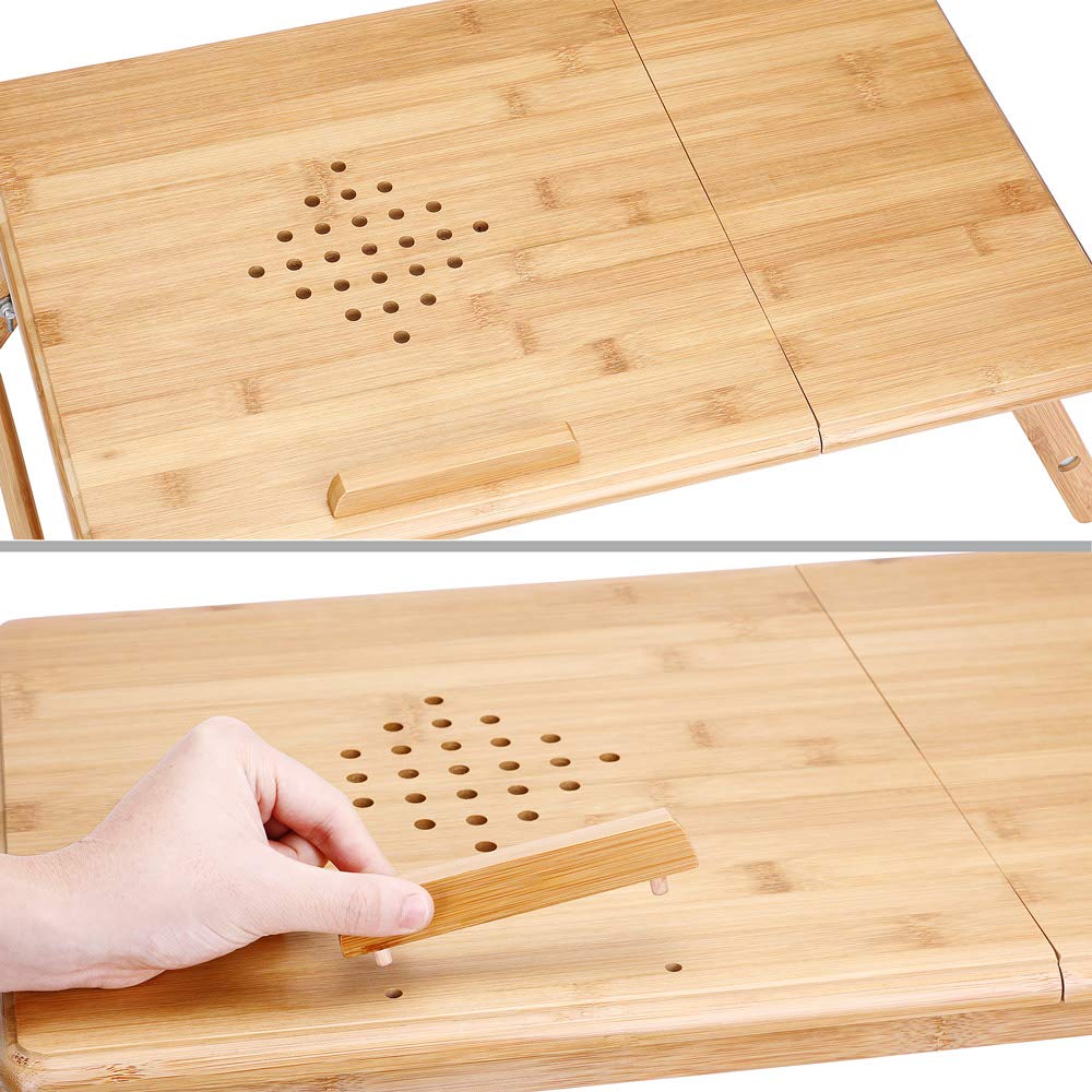 CASARIA® Table de lit Pliable Support Ordinateur Portable réglable inclinable Bambou Bureau de lit tiroir de Rangement