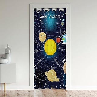 Outer Space Door Curtain, Starry Sky Blackout Curtain for Kids Boys Girls Bedroom, Galaxy Planet Space Door Drape, Solar System Cartoon Closet Curtains for Bedroom Closet Door, Blue 34
