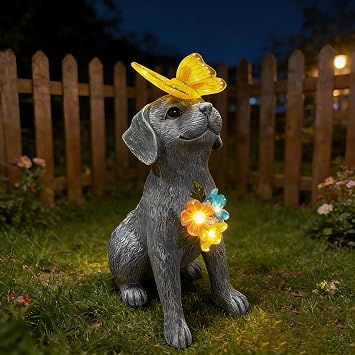 Dog Garden Statue Solar Butterfly, Dogs Figurines with Lantern Outdoor Patio Yard Decor Ideal Birthday Housewarming Gifts ,Dad Mom Grandma Dog Lovers, Beautifully Crafted Decorations to Wow Guests