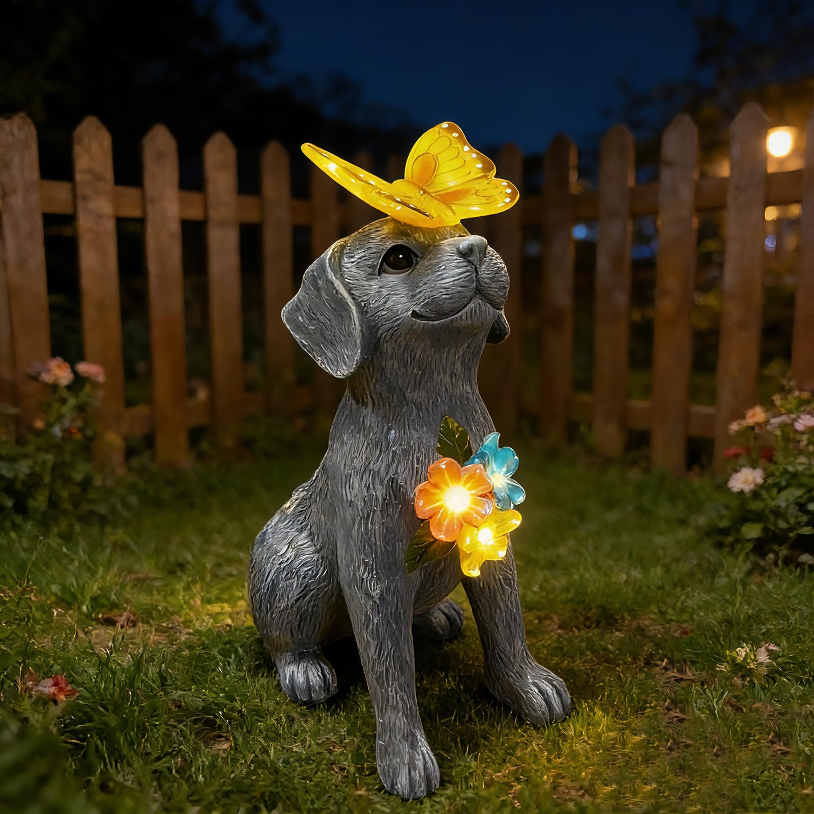 Statue de jardin solaire chien avec lanterne décorative pour extérieur et terrasse