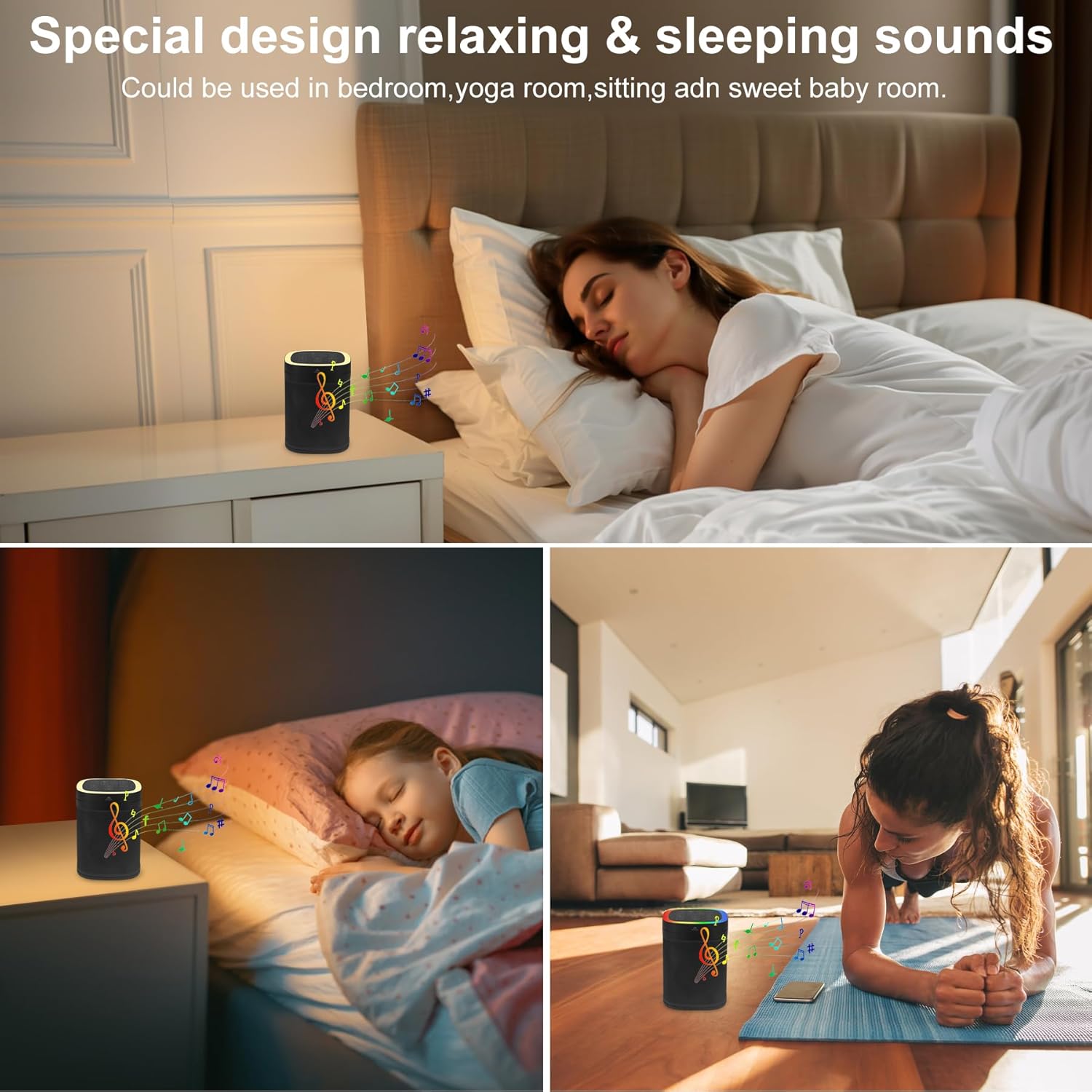 3-in-1 Bluetooth Speaker, 70 Soothing Sounds Sleep Machine, Type-C USB Rechargeable RGB Table Lamp,30-Hour Playtime, Wireless Sound Machine for Home/Party/Outdoor/Beach/Baby/Adults. (Black)
