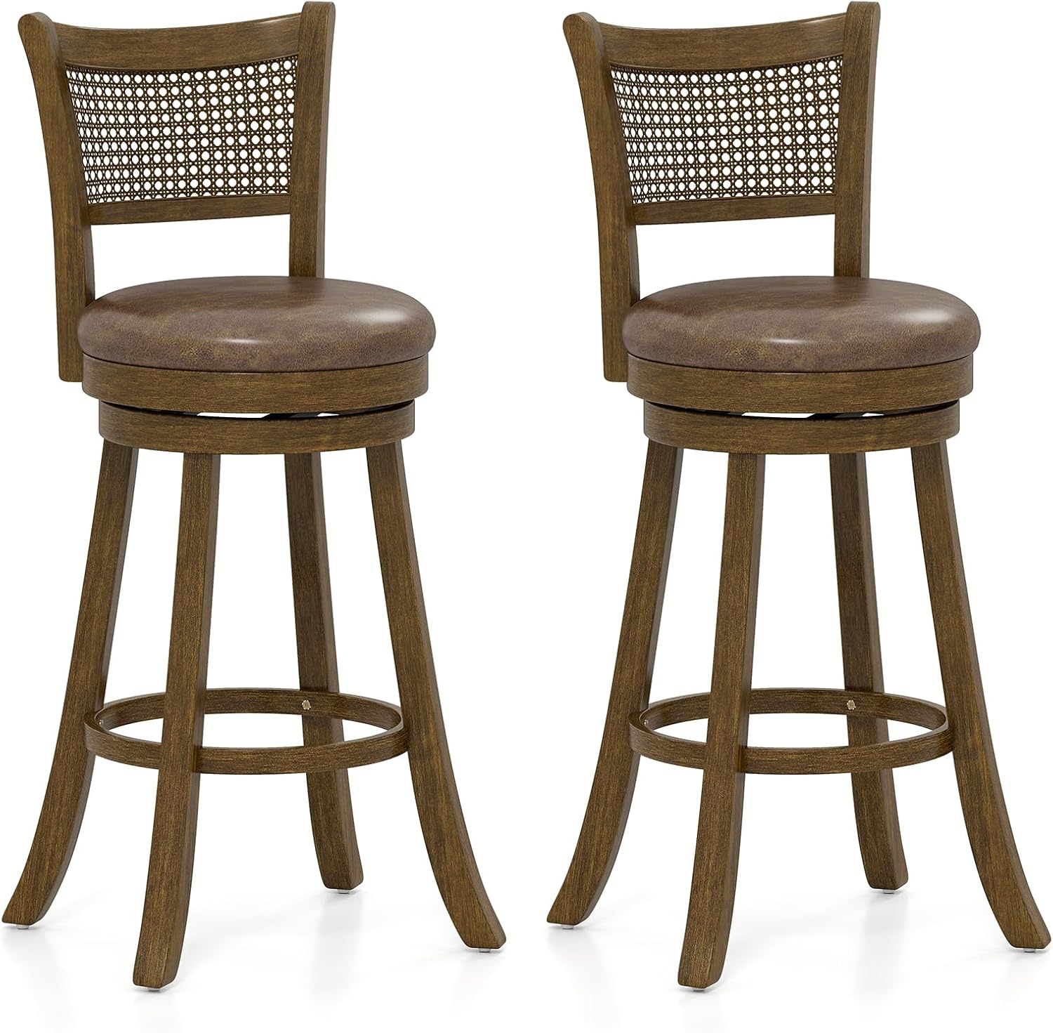 Giantex 30" Swivel Bar Stools Set of 2, Bar Height Bar Chairs with PE Rattan Backrest, Footrest & Rubber Wood Frame, Upholstered Leathaire Barstools for Kitchen Island Dining Room Pub, Brown
