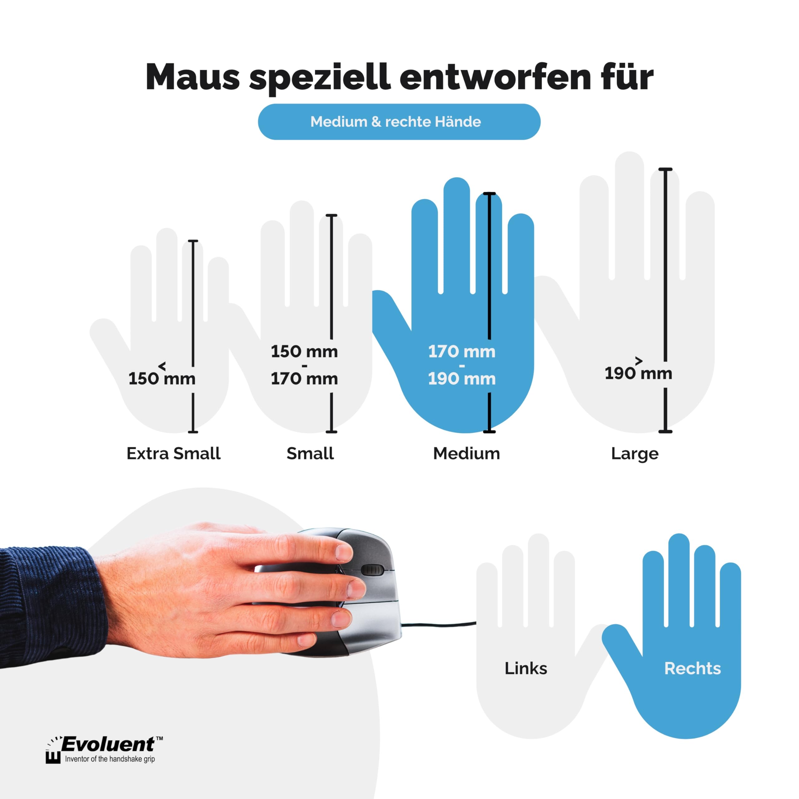Evoluent VM4R Vertical Mouse 4 Maus für Rechtshänder, Schwarz, Grau