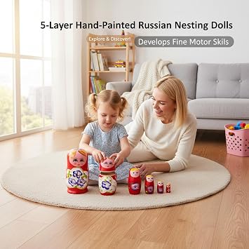Russian Nesting Dolls, 5-Layer Wooden Matryoshka Doll Set with Vibrant Floral Art, Nesting Dolls for Kids & Home Decor, Russian, Matryoshka Doll