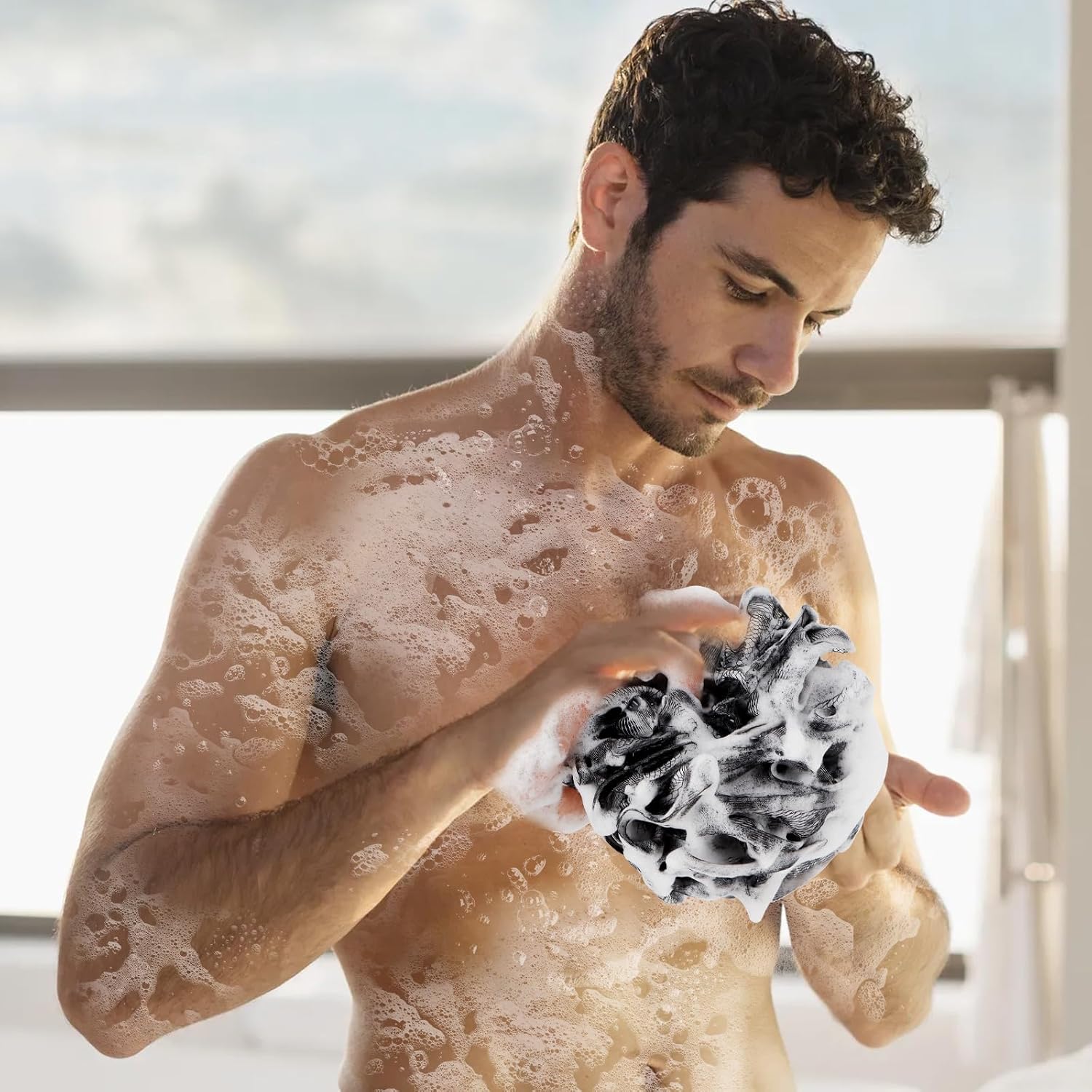 FARMOGA Bath Loofah Sponge Back Scrubber Shower Sponge Soft Mesh Exfoliator Pouf Shower Ball Bath Sponges for Women and Men Bath Accessories (4Pcs 50g Mix Black) image 5