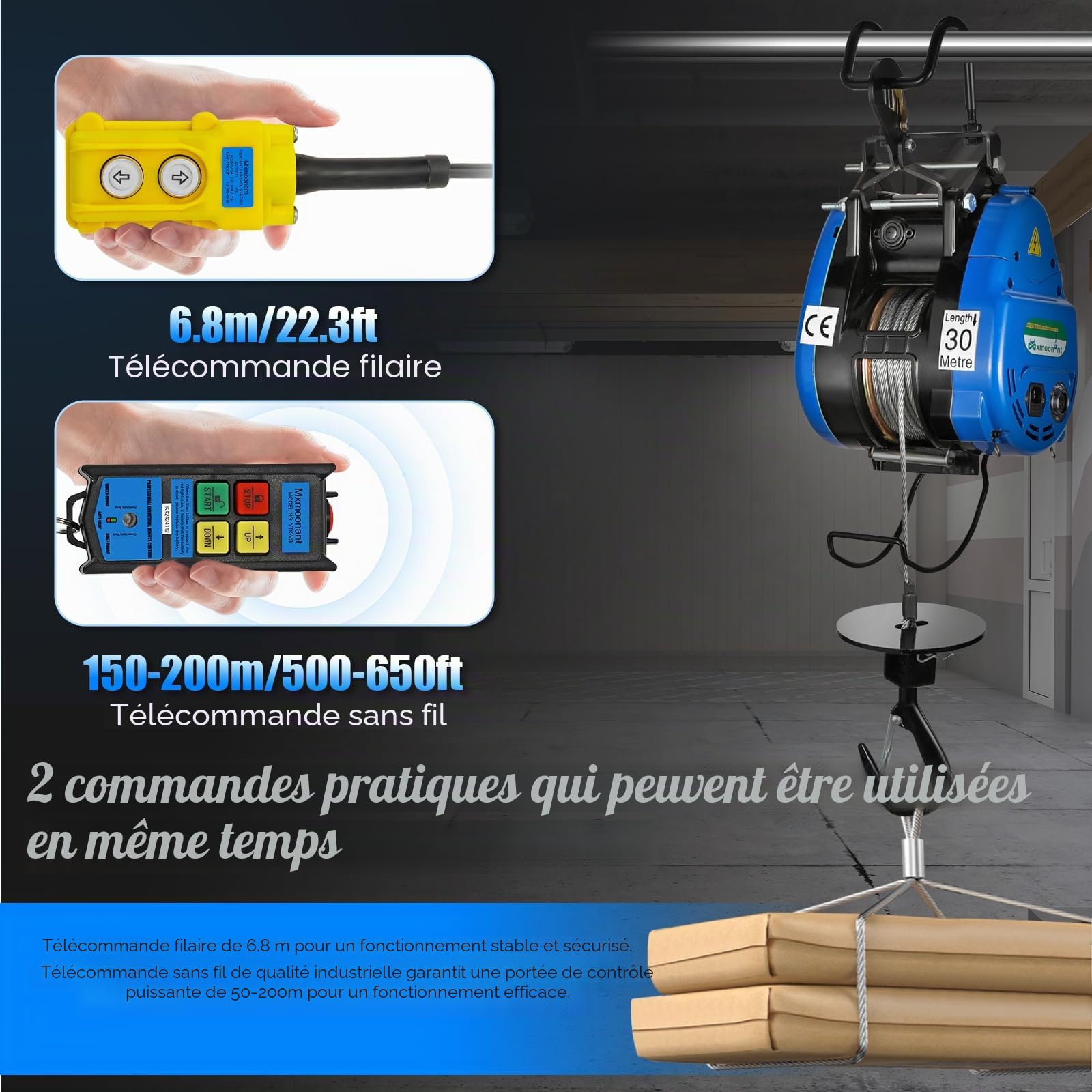 Mxmoonant Palan électrique rapide 250 kg, 18 m/min, hauteur de levage 30 m