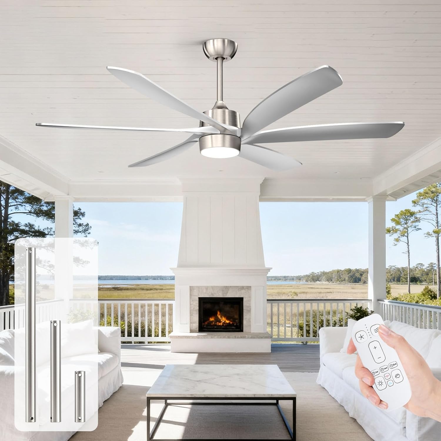 64 Inch Modern Outdoor Ceiling Fan with Light and Remote, Large Industrial Low Profile Ceiling Fan, Energy Efficient Reversible High CFM Quiet DC Motor, for Indoor Living room Outside Porch Dimmable