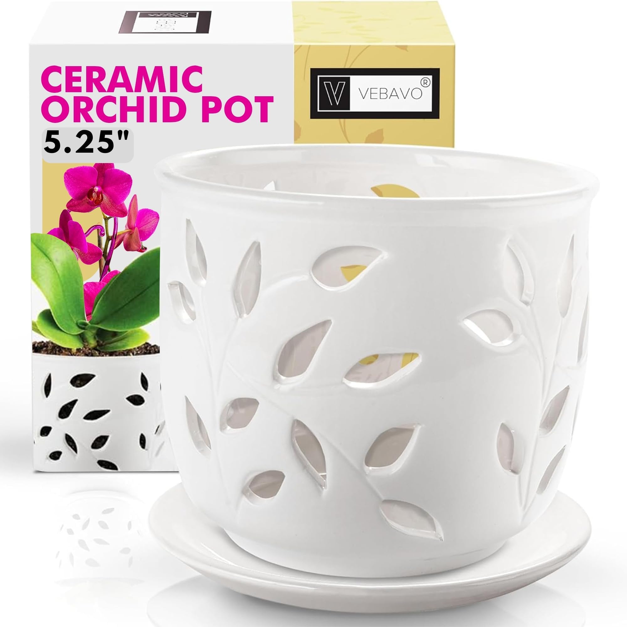 Orchid Pot with Holes & Saucer Ceramic 5.25 in. Indoor or Outdoor Large Pot for Orchid Care & Root Health with Precise Aeration & Drainage – Durable for Repotting or New Plants