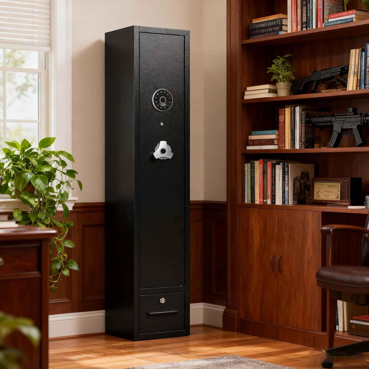 4-6 Gun Safes for Home Rifle and Pistols, Fireproof Gun Safe for Rifles and Pistols with 2 Removable Gun Racks and 2 Pistol Pockets, Gun Cabinet with Password Lock for Home,Office,Bedroom (S)