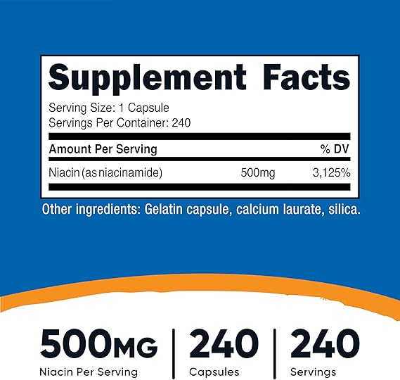 Nutricost Niacinamide (فيتامين B3) 500 مجم ، 240 كبسولة - غير معدّل وراثيًا ، خالي من الغلوتين ، فيتامين B3 خالي من التدفق