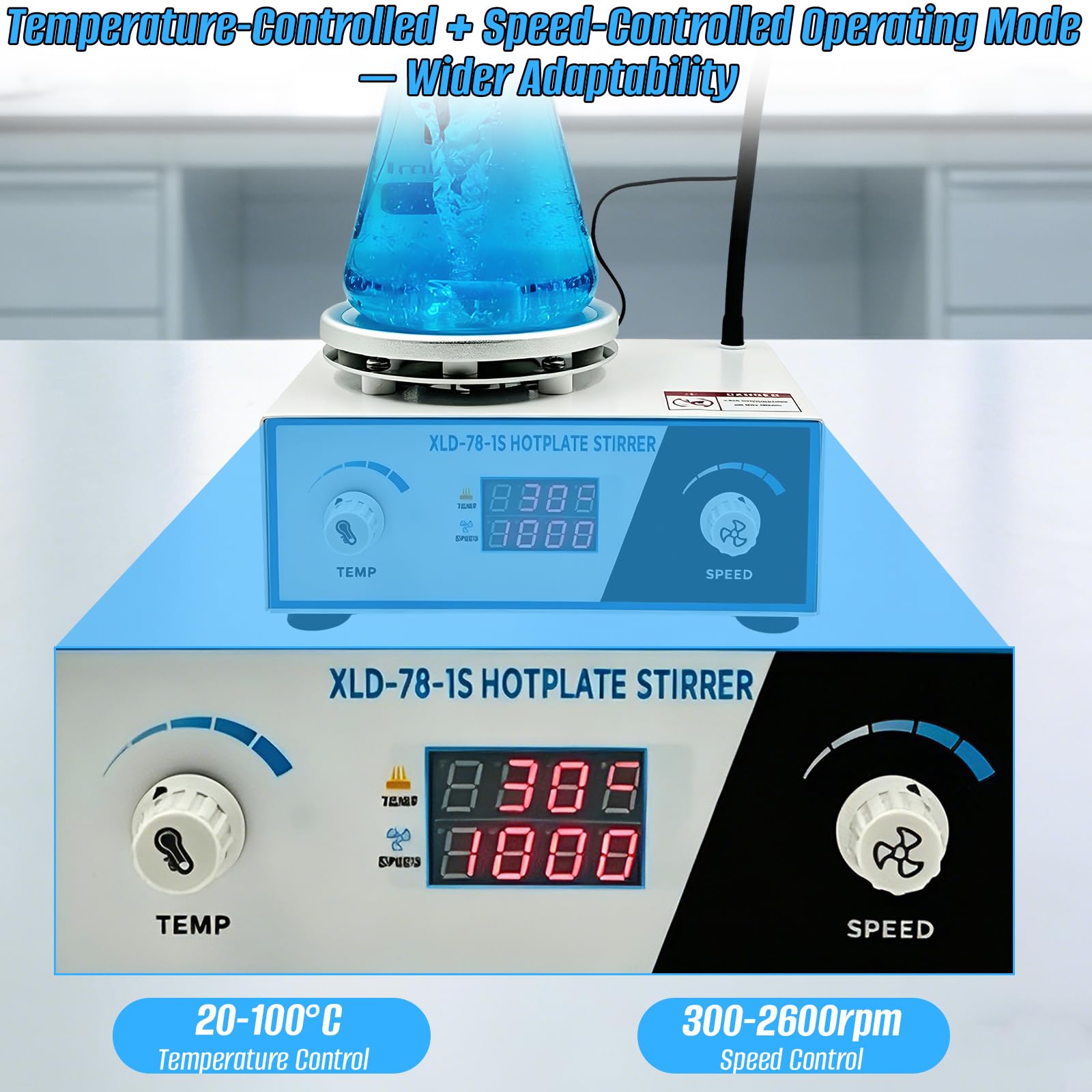 Agitatore magnetico riscaldato con piastra di riscaldamento, incl. 6 barre di miscelazione, 300-2600 giri/min, 20-100℃, potenza di riscaldamento 180 W, adatto a vari laboratori