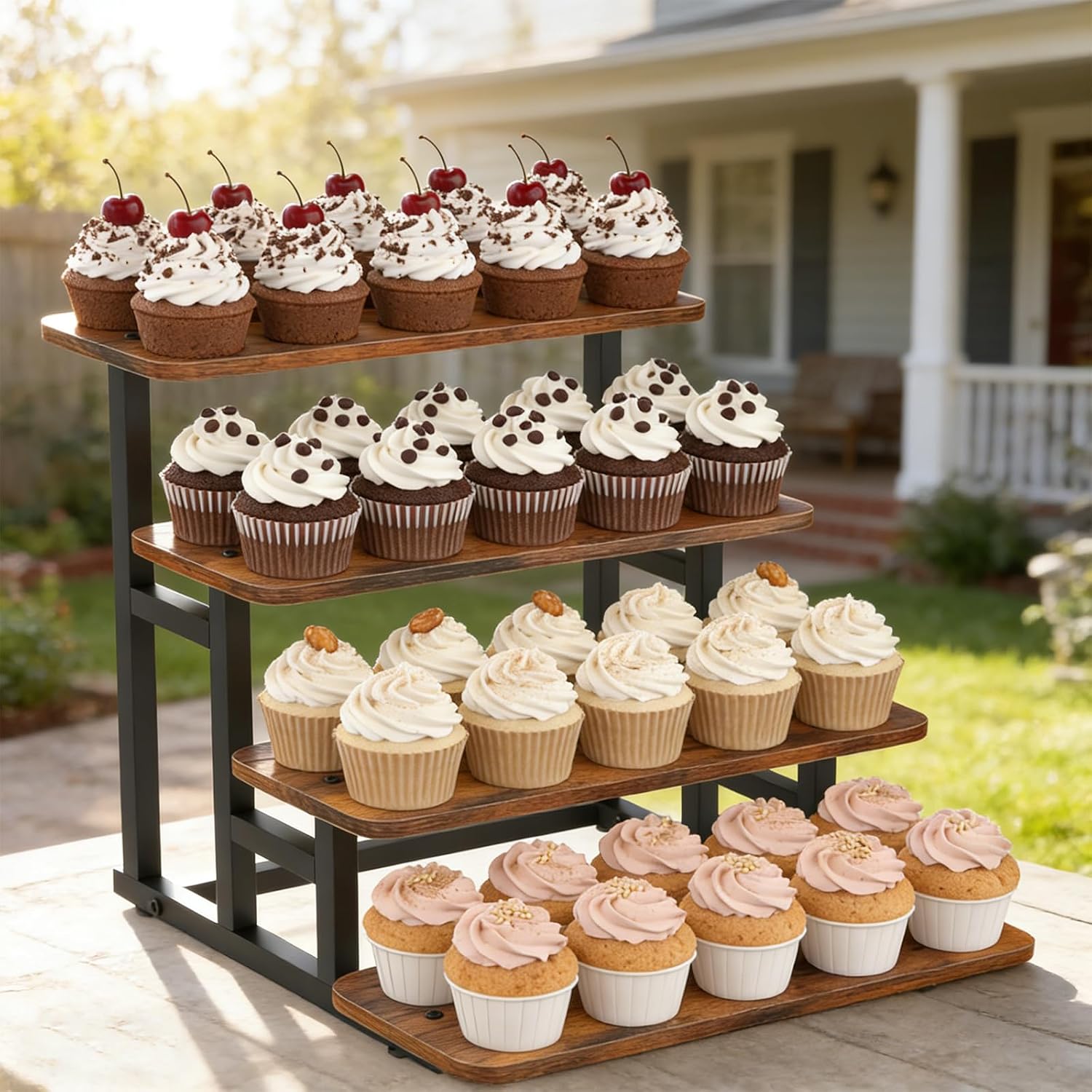Cupcake Stand, 4 Tier Cupcake Stand for 50 Cupcakes, Rustic Wood & Metal Dessert Table Display Stand, Stepped Cupcake Tower, Dessert Riser for Wedding, Party & Farmers Market