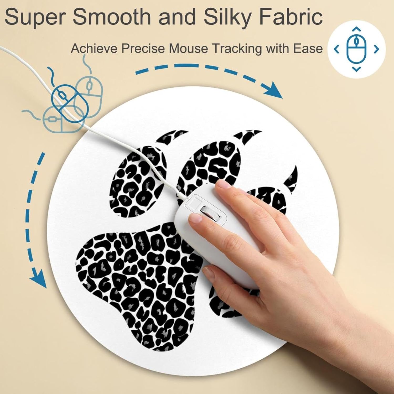 Round Mouse Pad for Women Men, 10’’ Round Desk Pad Mousepad Non-Slip Rubber Base, Office Home Laptop Accessories, Black Paw Leopard Print Silhouette White Background image 4