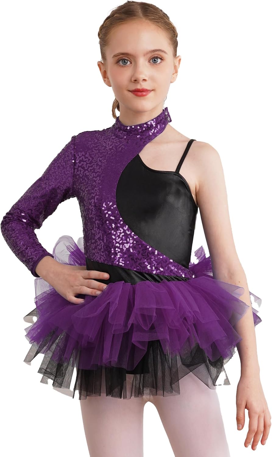 JEATHA Kids Girls Single Long Sleeve Oblique Shoulder Sequins Splice Mesh Dance Leotard Tutu Dress