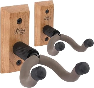 String Swing Guitar Hanger  Holder for Electric Acoustic and Bass Guitars  Stand Accessories for Home or Studio - Musical Instruments Safe Without Hard Cases - Cherry Hardwood Wall Mount 2 Pack