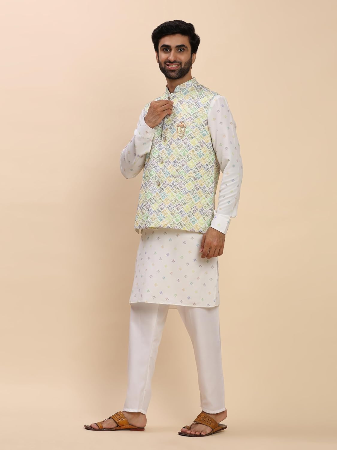 Pro-Ethic Style Developer Mens Cotton Printed Kurta Trouser Set With Waistcoat (Nehru Jacket) (C-128) - Image 6