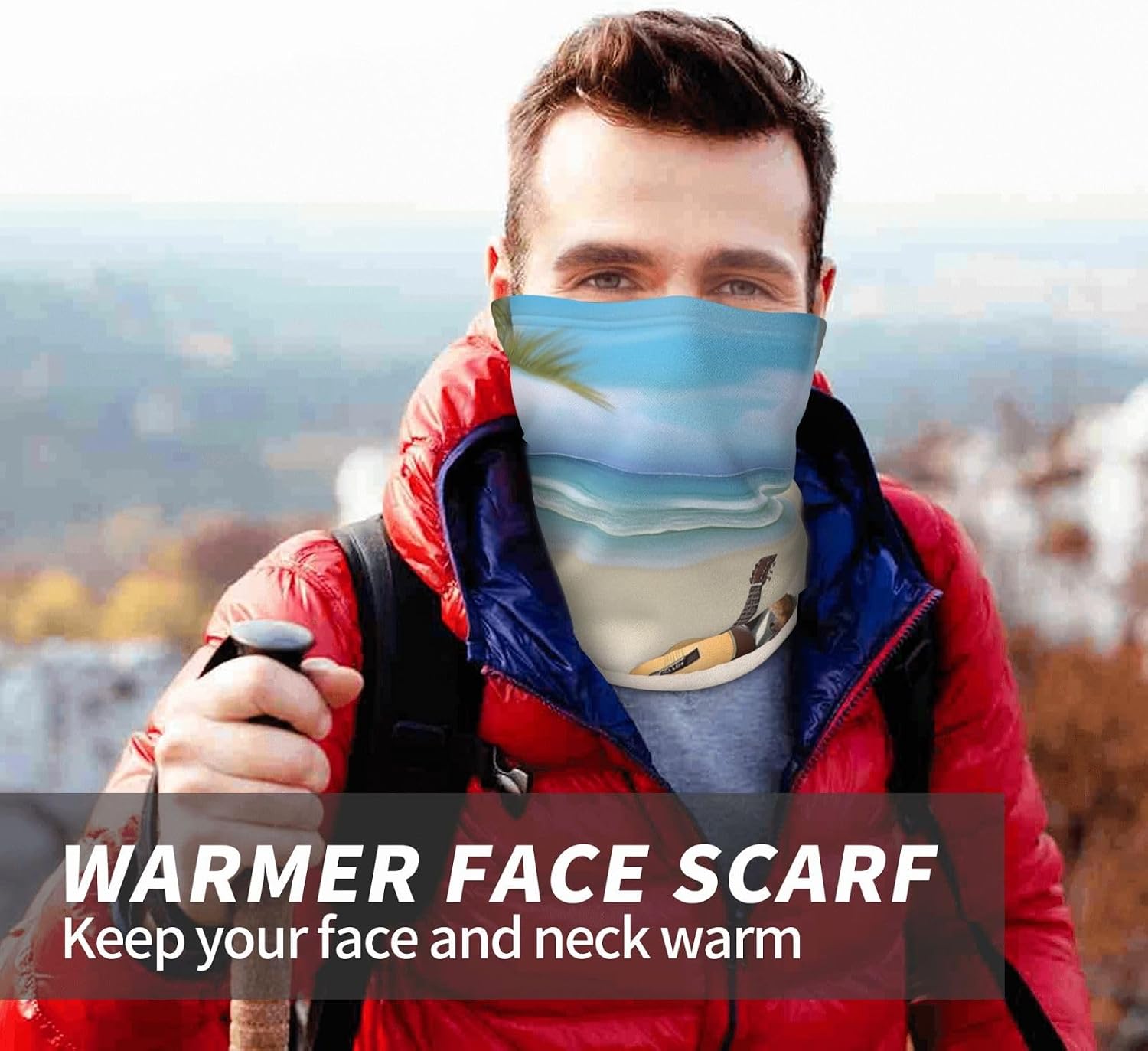 Winter Neck Warmer for Men Women, Guitar on The Beach Neck Gaiter UV Sun Protection Face Mask Windproof Cold Weather Face Cover Thermal Ski Mask Scarf for Outdoor Sports Bandana