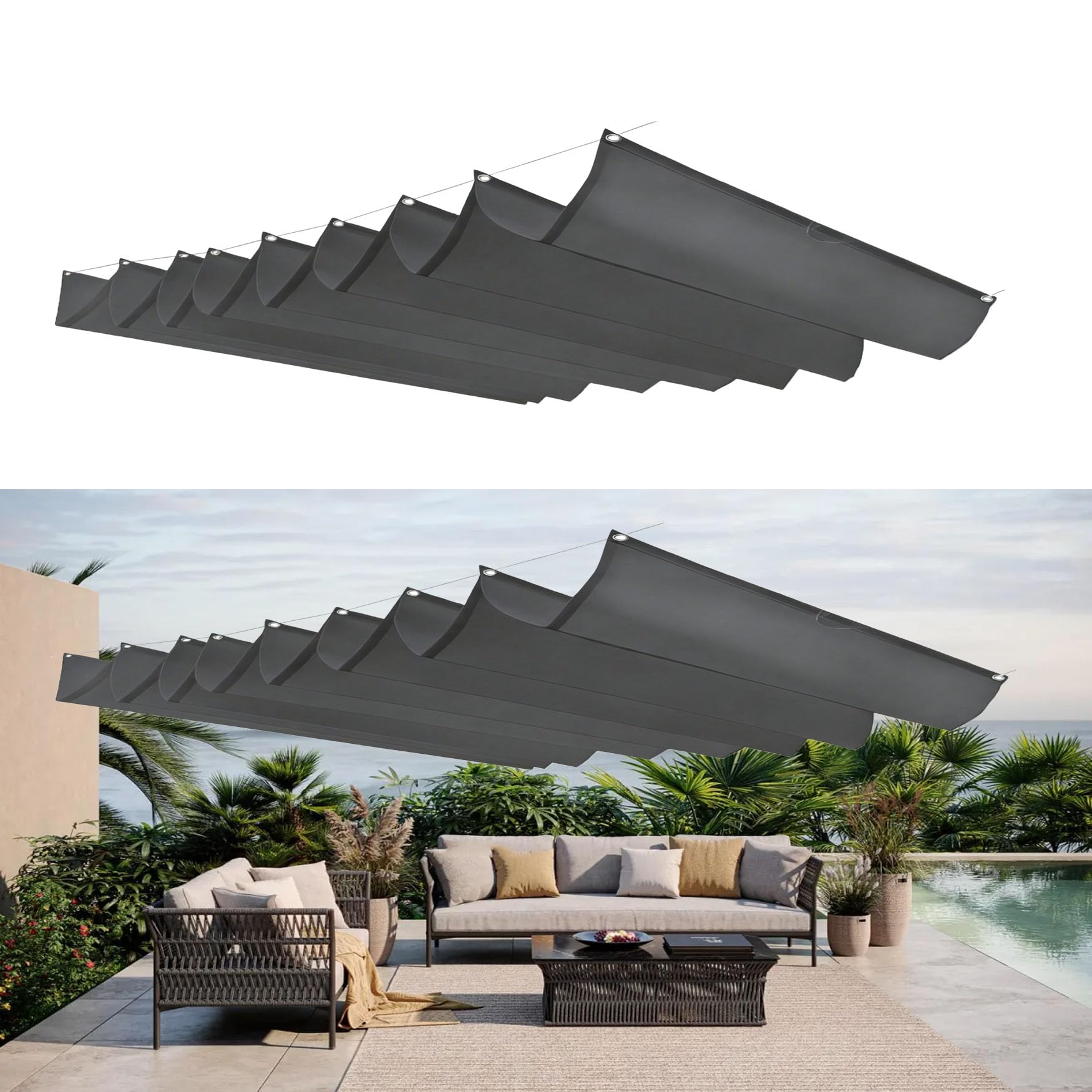 Voile d'ombrage rétractable imperméable gris foncé 120x640 avec œillets