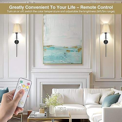 Miniatura 4 de LAMPYLIFE Juego de 2 apliques de pared a pilas, inalámbricos, funciona con pilas, con control remoto, bombilla de carga desmontable regulable para