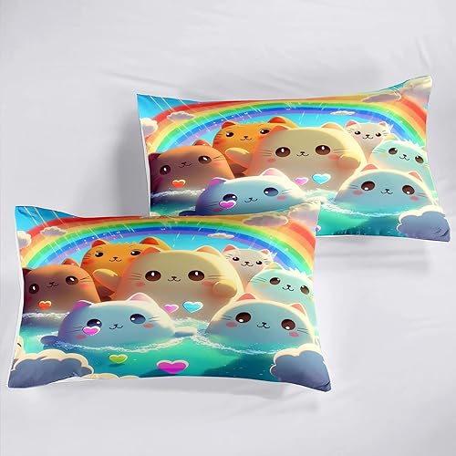 Miniatura 4 de Juego de edredón de gato tamaño Queen, juego de ropa de cama Kawaii para niñas, 1 edredón + 2 fundas de almohada, microfibra, estampado, estilo