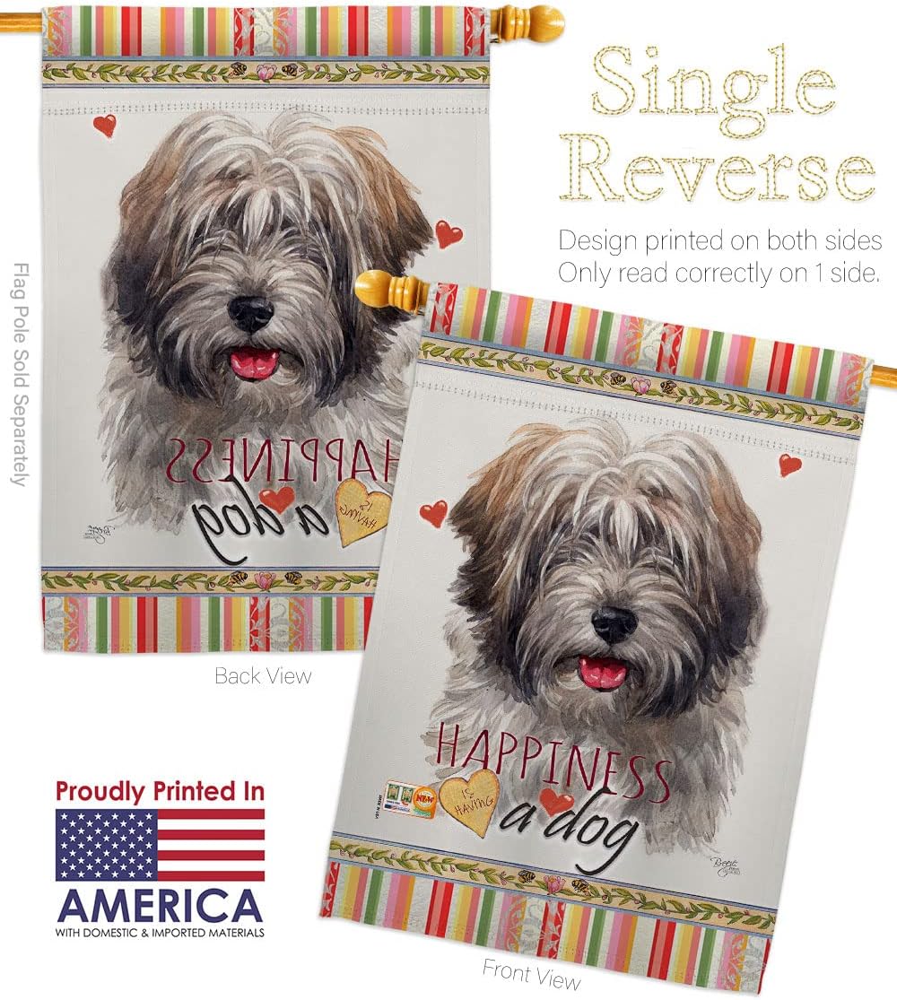 Tibetan Terrier Happiness House Flag Dowel Set Animals Dog Puppy Spoiled Paw Canine Fur Pet Nature Farm Animal Creature Small Decorative Gift Yard Banner Made In USA 28 X 40