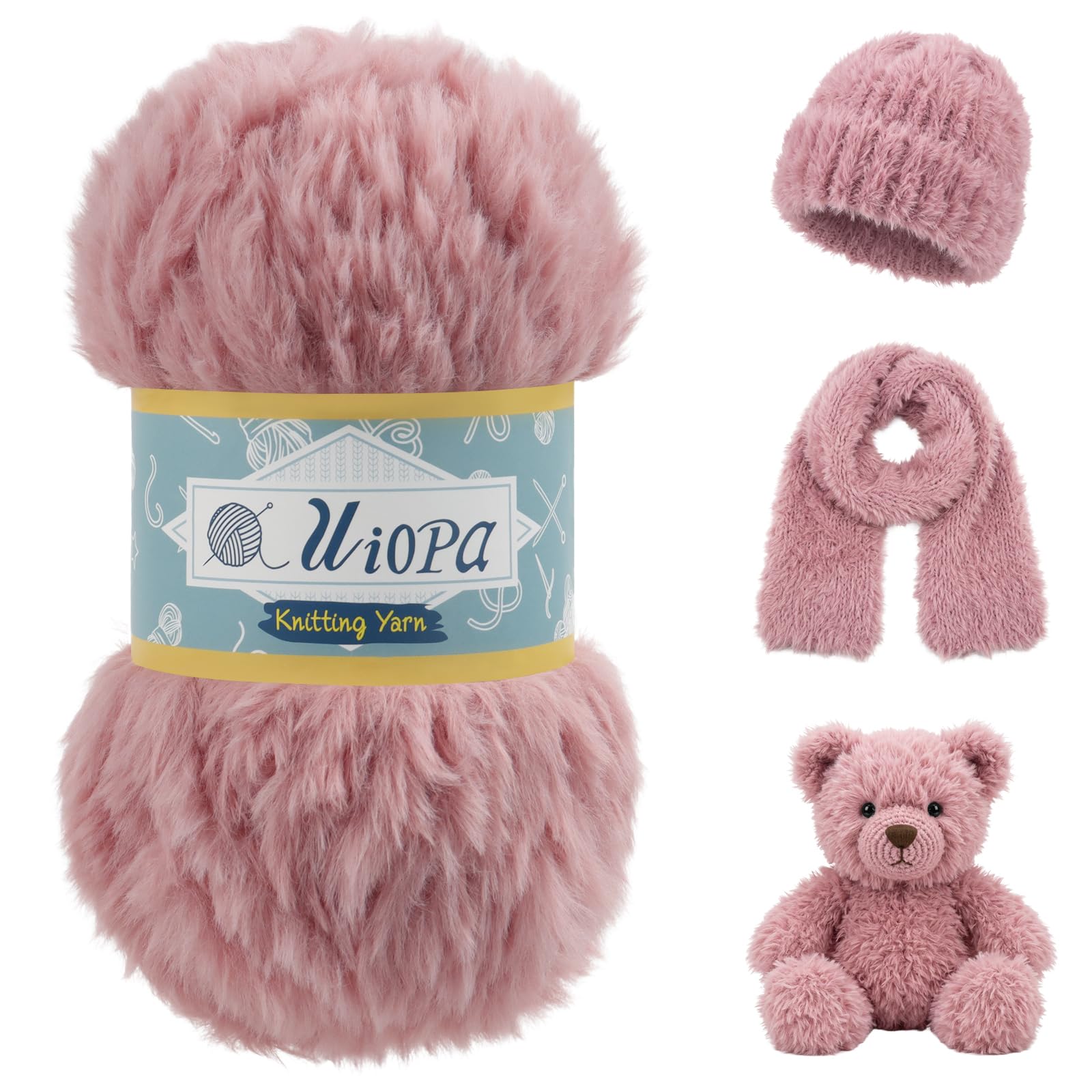 Uiopa Flesh Pink Faux Fur Yarn, 100g/56m Polyester Fluffy Yarn for Crochet, Plush Knitting Wool Chunky Fluffy Wool for Scarves Hats Shawls Amigurumi DIY Crafts