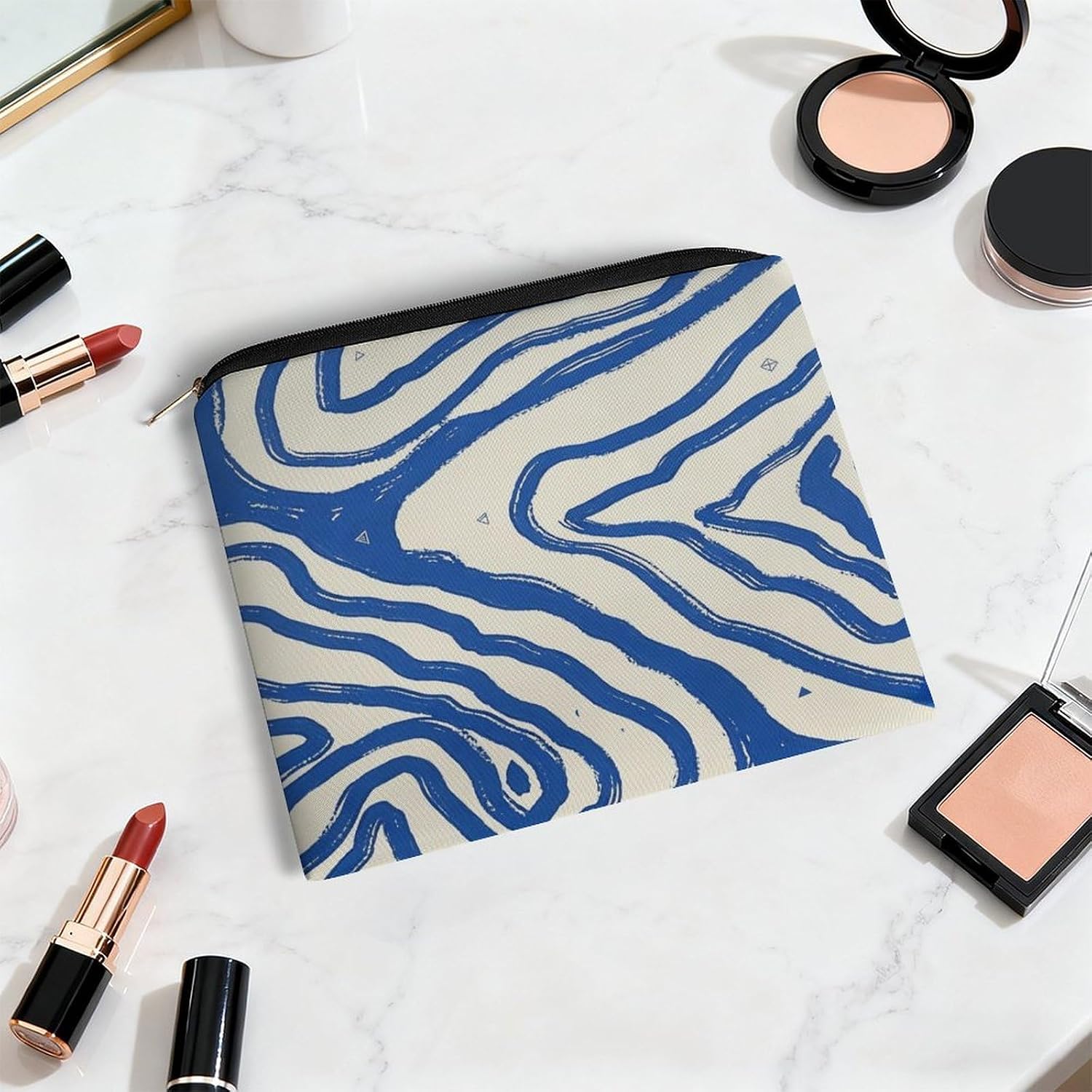 Blue Cream Swirl Makeup Bag Travel Cosmetic Bag image 5