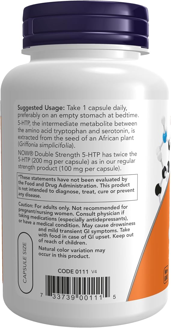 NOW Supplements, 5-HTP (5-hydroxytryptophan) 200 mg, Double Strength, Neurotransmitter Support*, 120 Veg Capsules