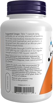 NOW Supplements, 5-HTP (5-hydroxytryptophan) 200 mg, Double Strength, Neurotransmitter Support*, 120 Veg Capsules