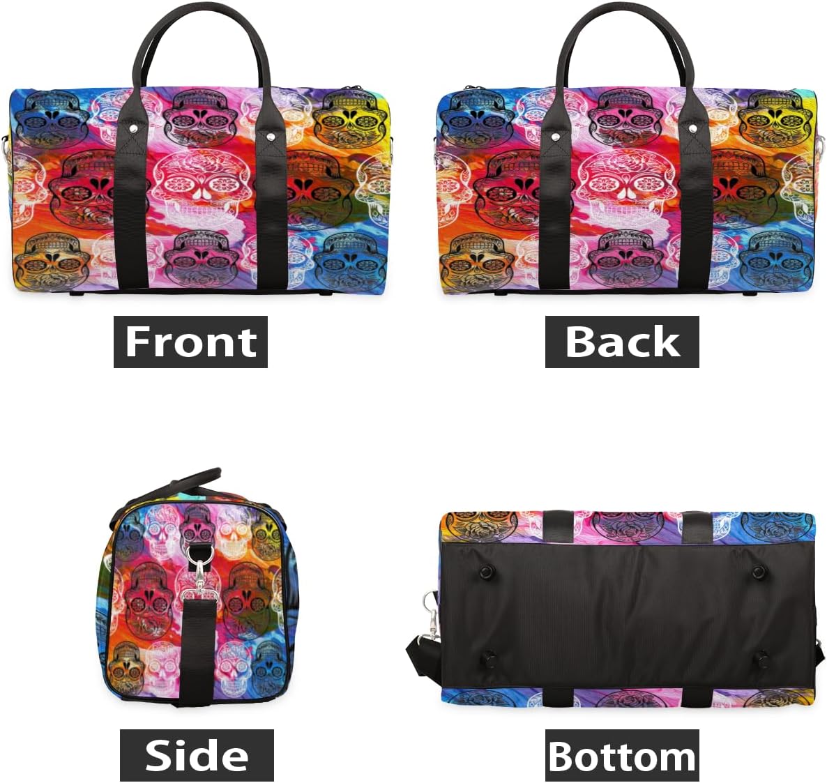 Hand Painted Colorful Skulls Travel Duffel Bag for Women Men Large Capacity Overnight Weekender Bags for Lightweight Waterproof Sport Gym Bag for Workout Yoga Swim