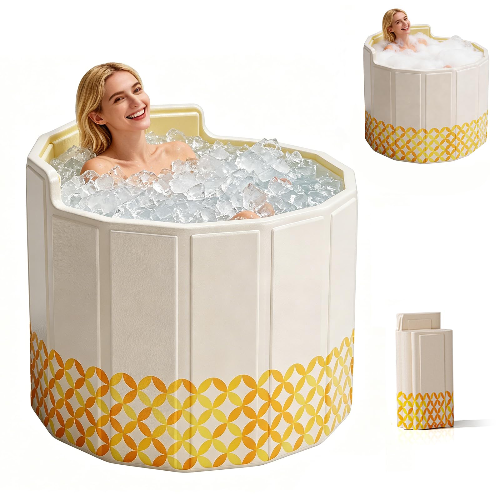 80 cm Baignoire Pliable Adulte avec Dossier, Baignoire de Douche Portable, Bain Froidet et Chaud, Aucun Assemblage Requis, pour Spa, Sauna, Inclut Coussin, Tuyau de Vidange, Set de Sacs de Bain
