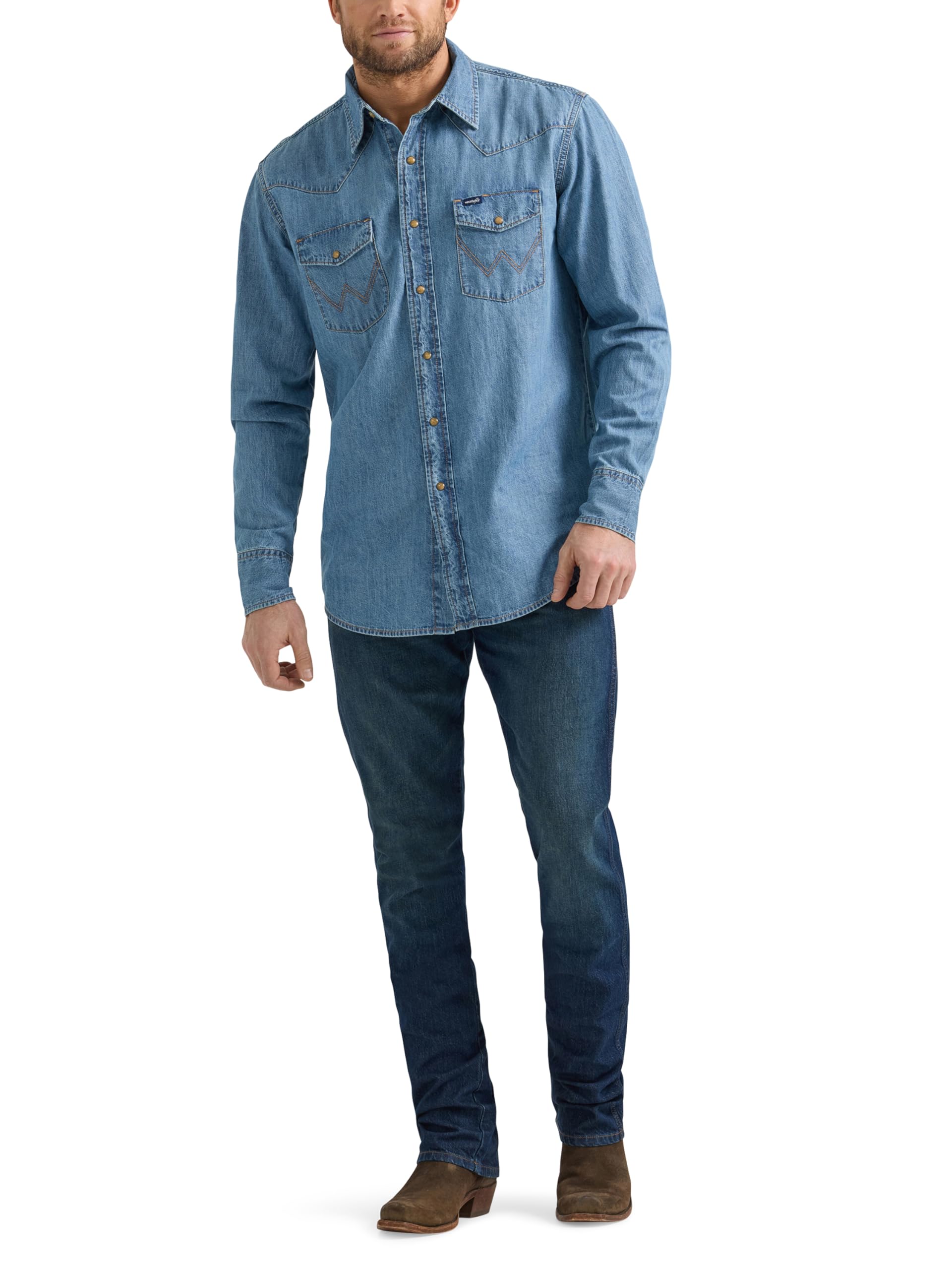 Wrangler Męska koszula dżinsowa z długim rękawem na zatrzaski, lekki dżins, XXL, Lekki dżins, XXL