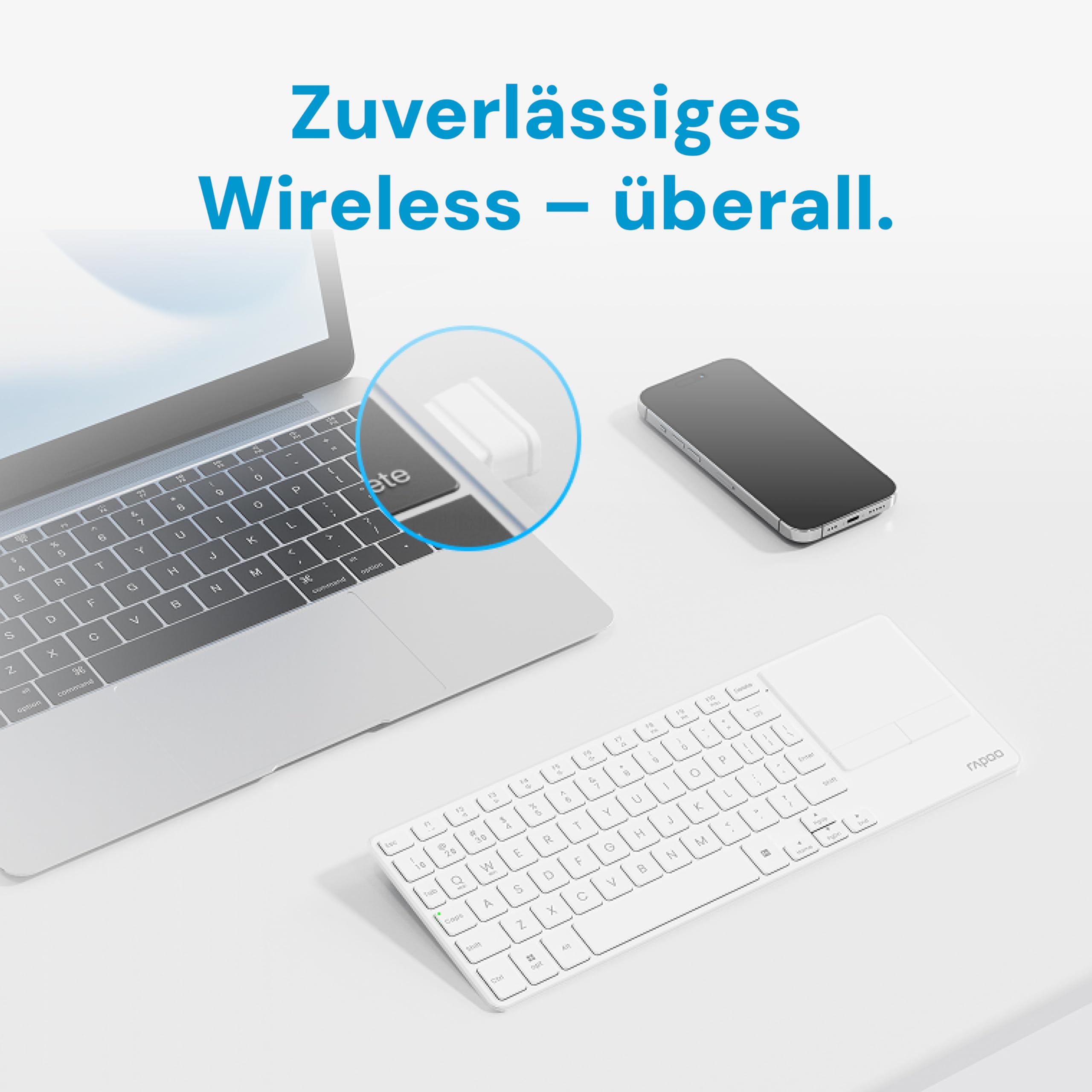 Rapoo E2810M Aluminium - Kabellose TV Tastatur mit Touchpad, Bluetooth & 2.4G USB Wireless, Multi Device bis 4 Geräte, PC, Mac, Tablet, SmartTV, mini Funktastatur klein flach, QWERTZ Layout Deutsch